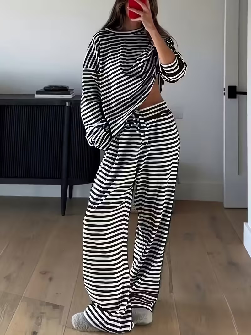 Striped Long-Sleeve Top and High-Waist Pants Casual Set