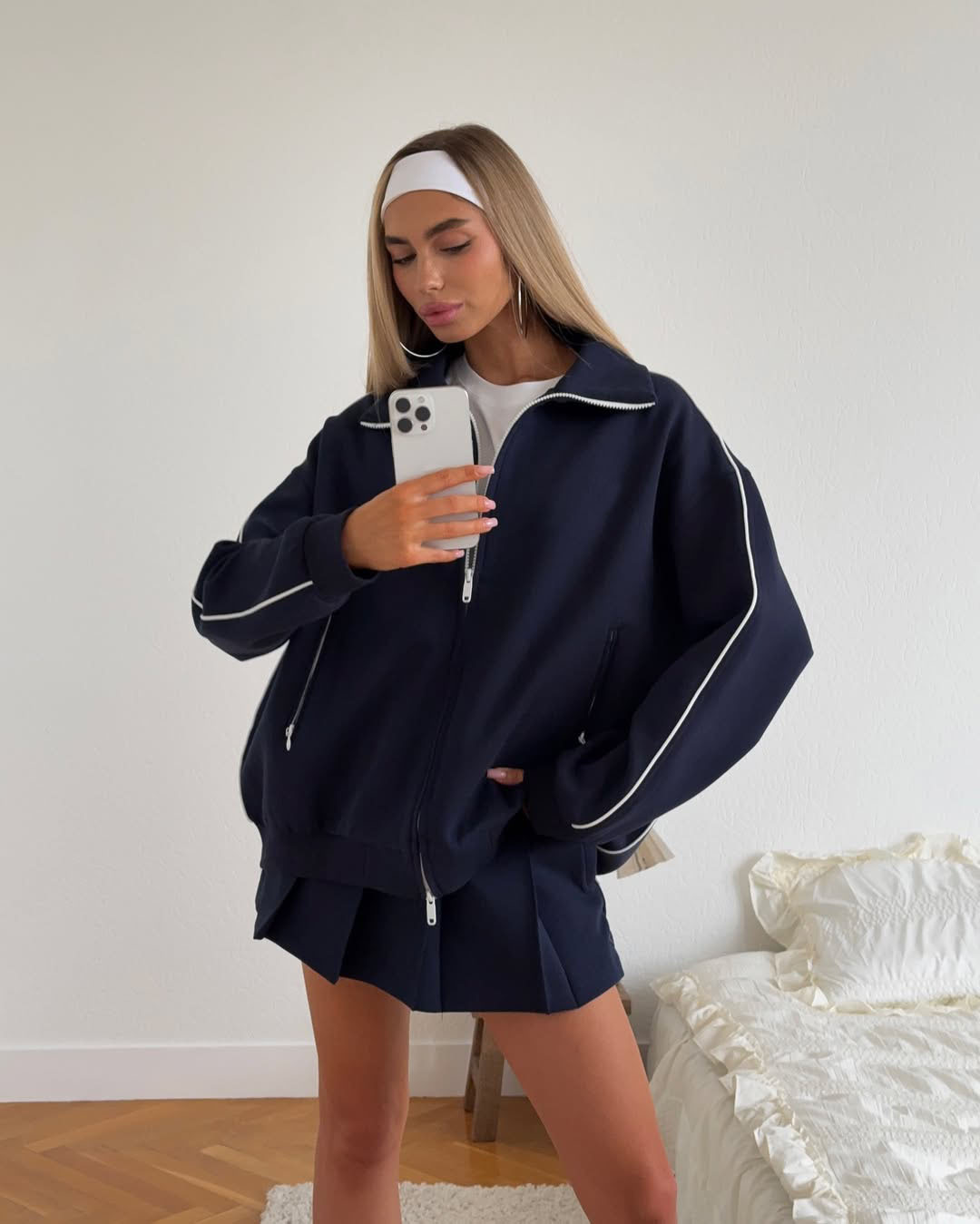 Women's Zip Cardigan and Drawstring Mini Skirt Two-Piece Set