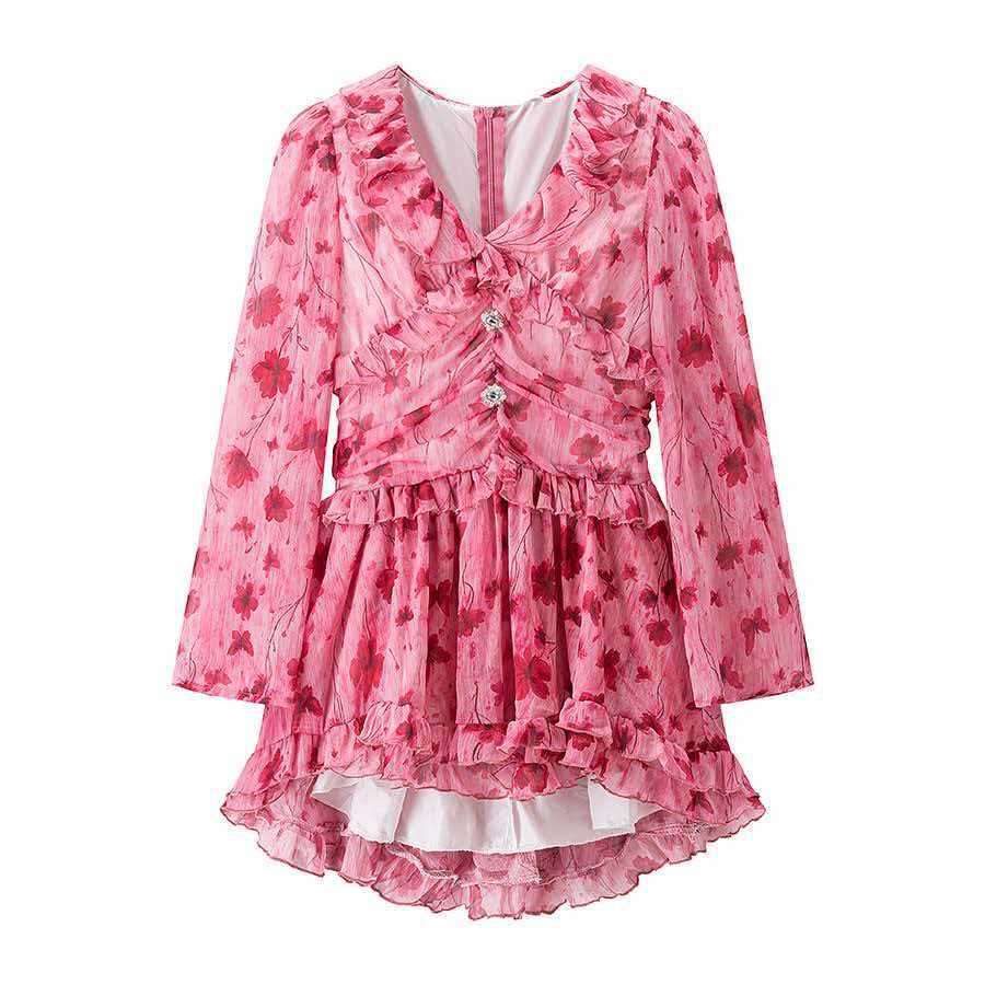 V-Neck Ruffle Trim Floral Print Dress
