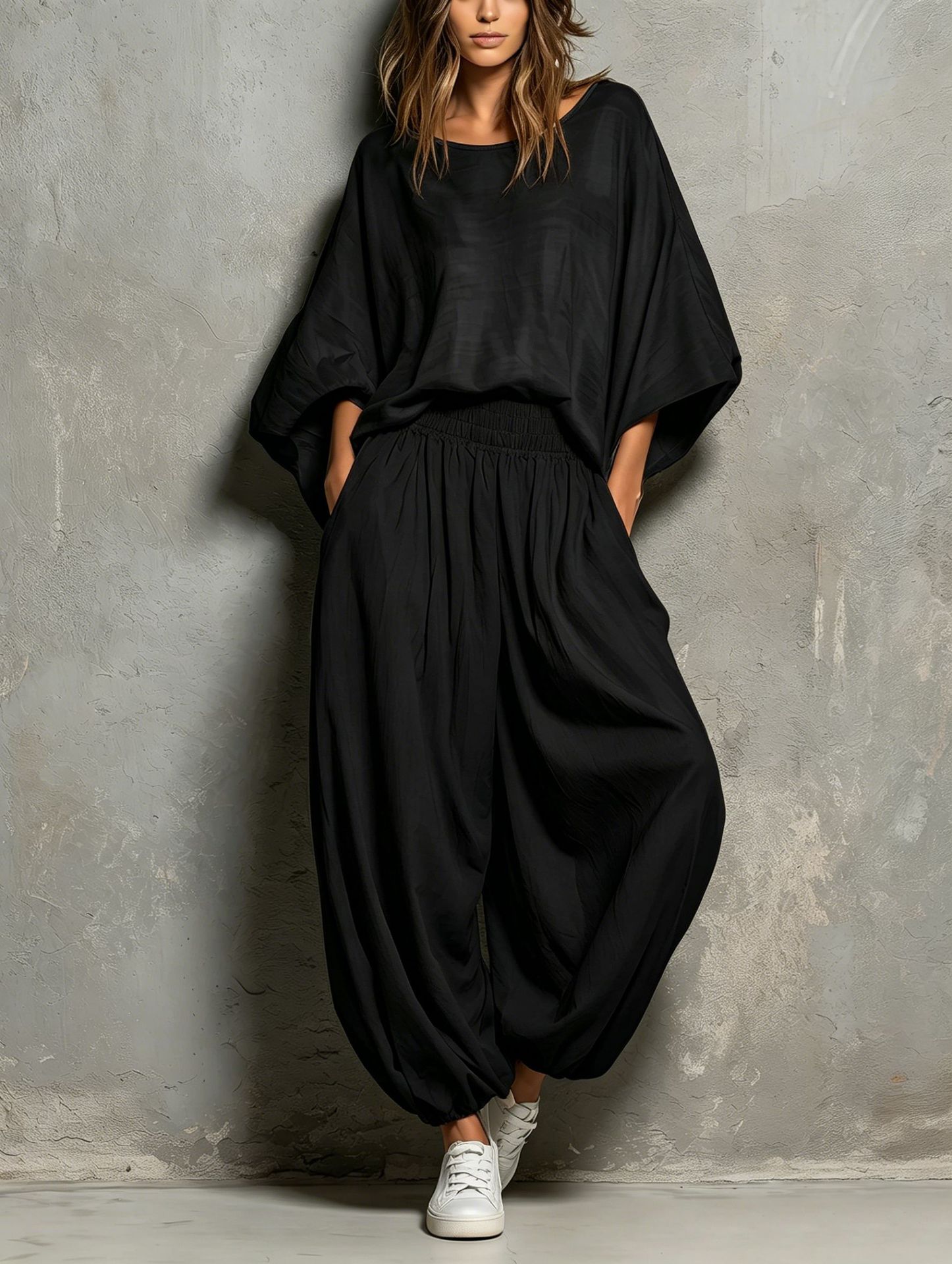 Women's Casual Crewneck Loose Top & Wide-Leg Pants Two-Piece Set