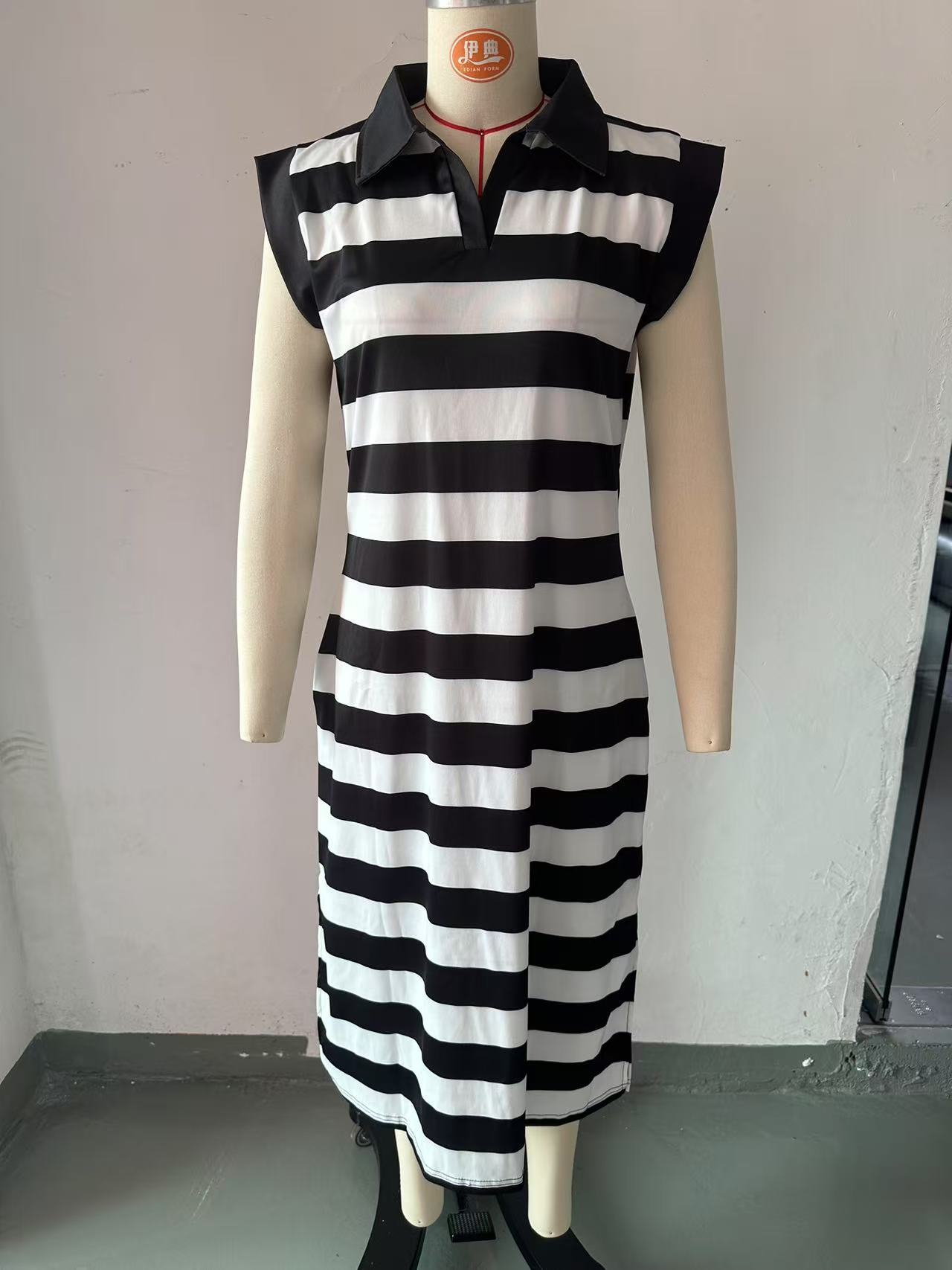Striped Collared Long Dress with Pockets