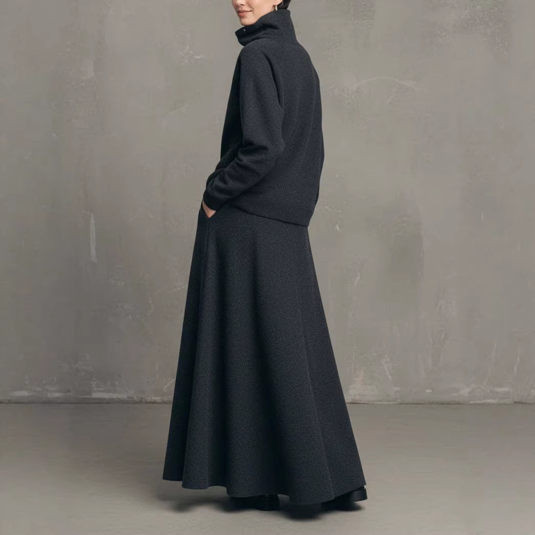Minimalist Solid High-Neck Sweatshirt and Long Skirt Two-Piece Set