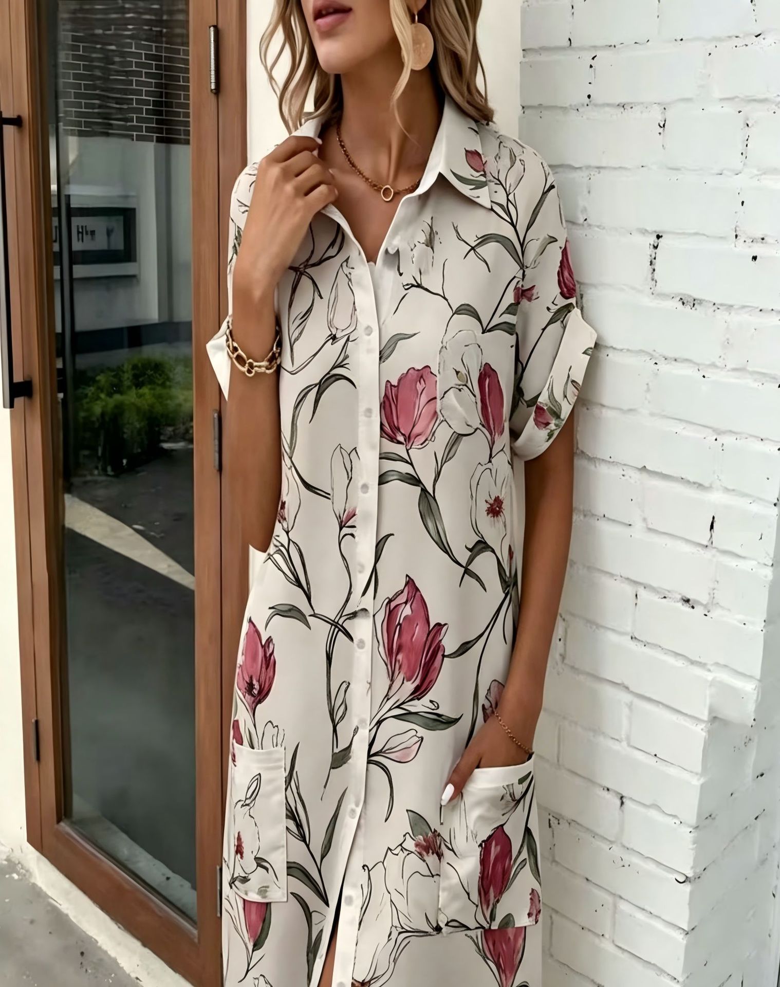 Women's Floral Print Midi Shirt Dress with 3D Digital Print