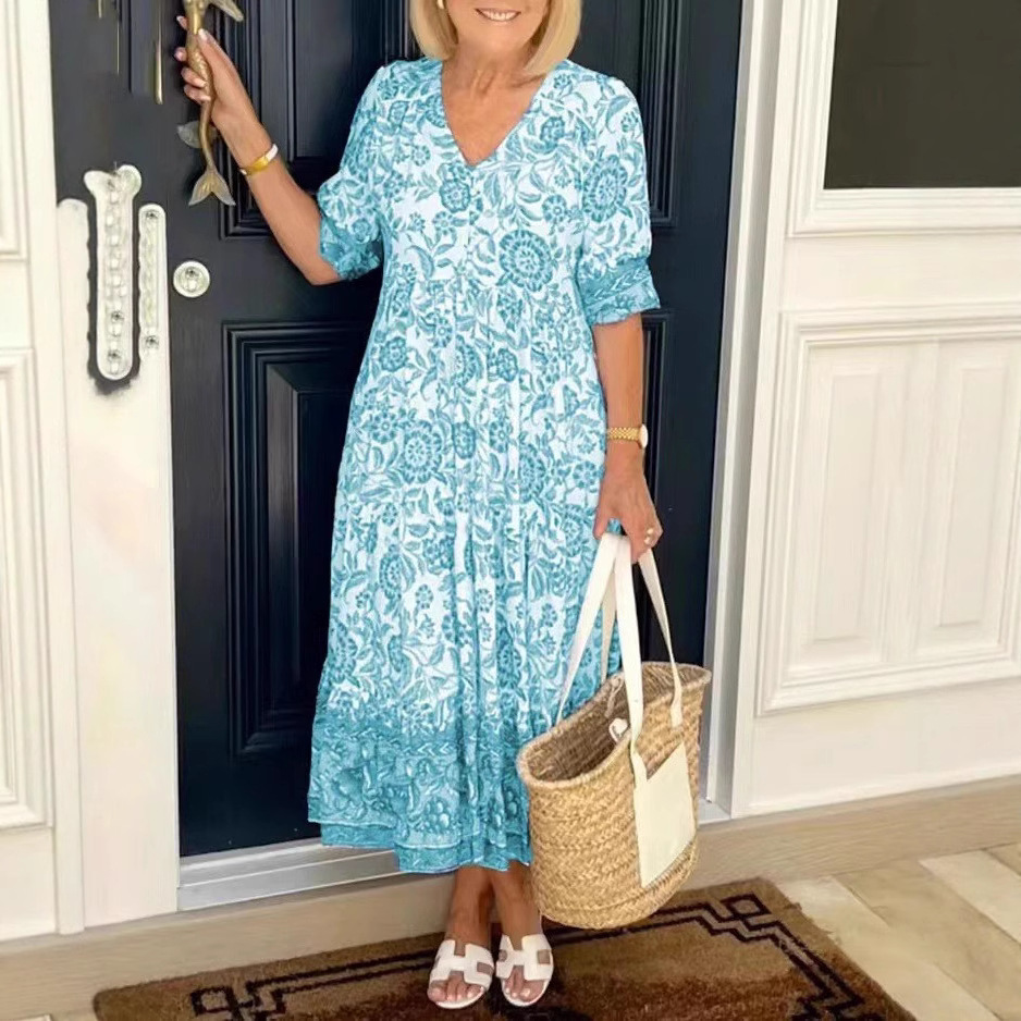 Floral Tie-Dye Print Midi Dress with V-Neck and Half Sleeves