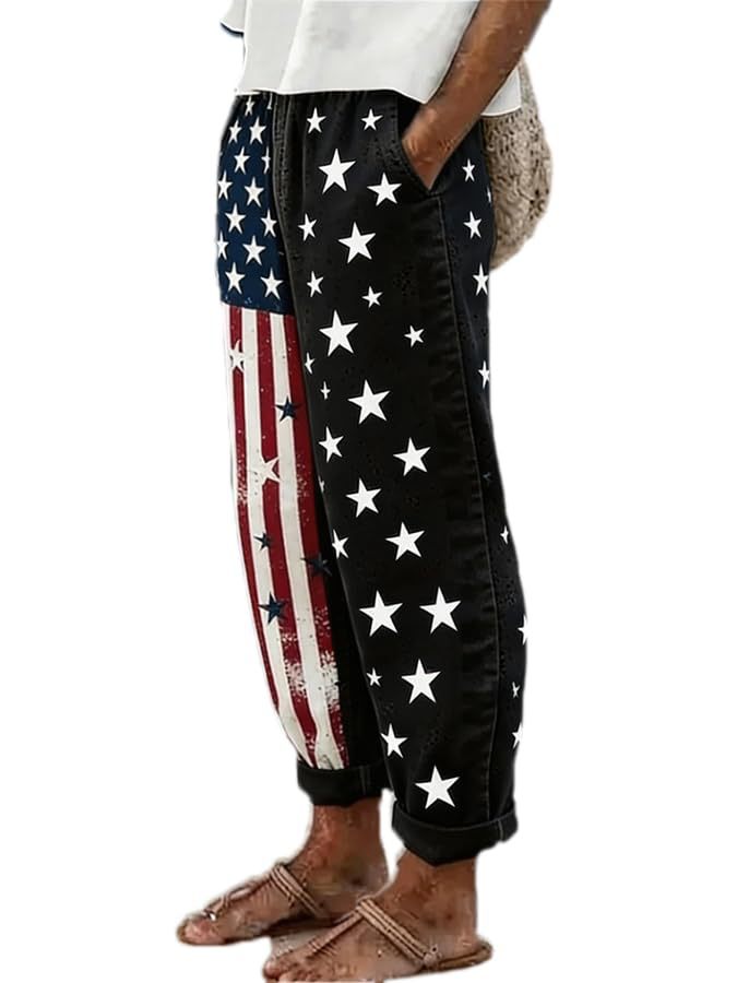 Women's American Flag Print Jogger Pants Casual Tapered