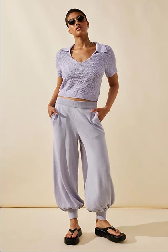 Women's V-Neck Cropped Knit Top and Lantern Pants Set