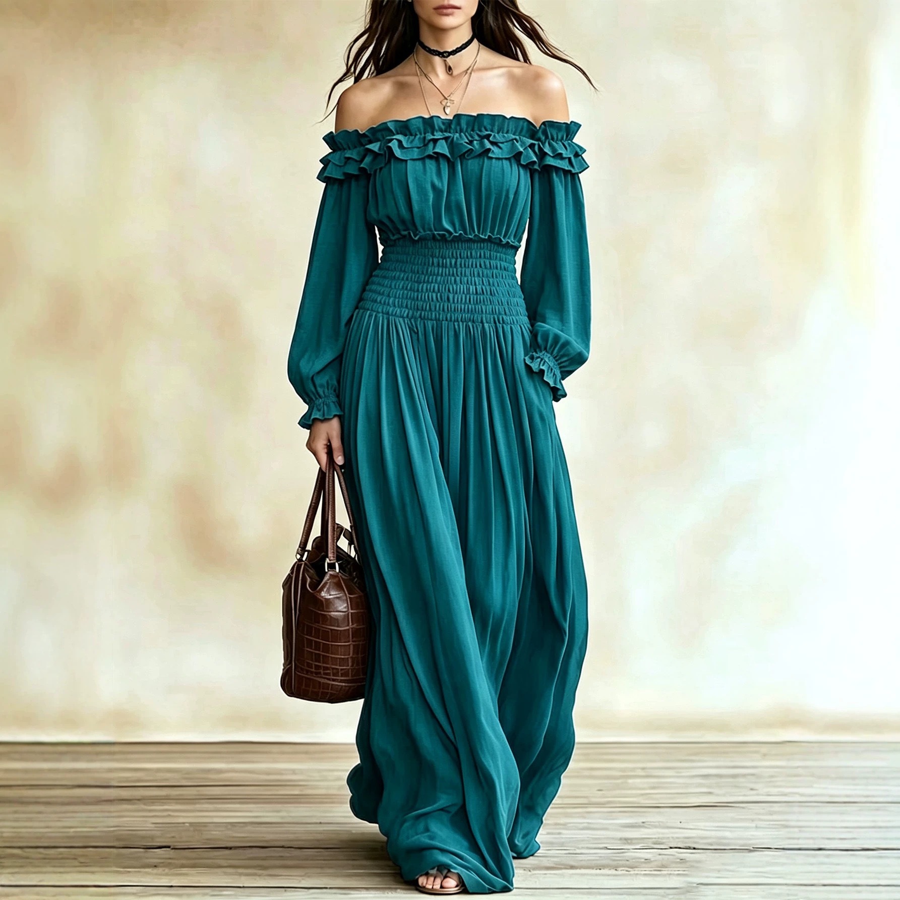 Women's Off-Shoulder Ruffle Long Sleeve Waist-Cinching Midi Dress