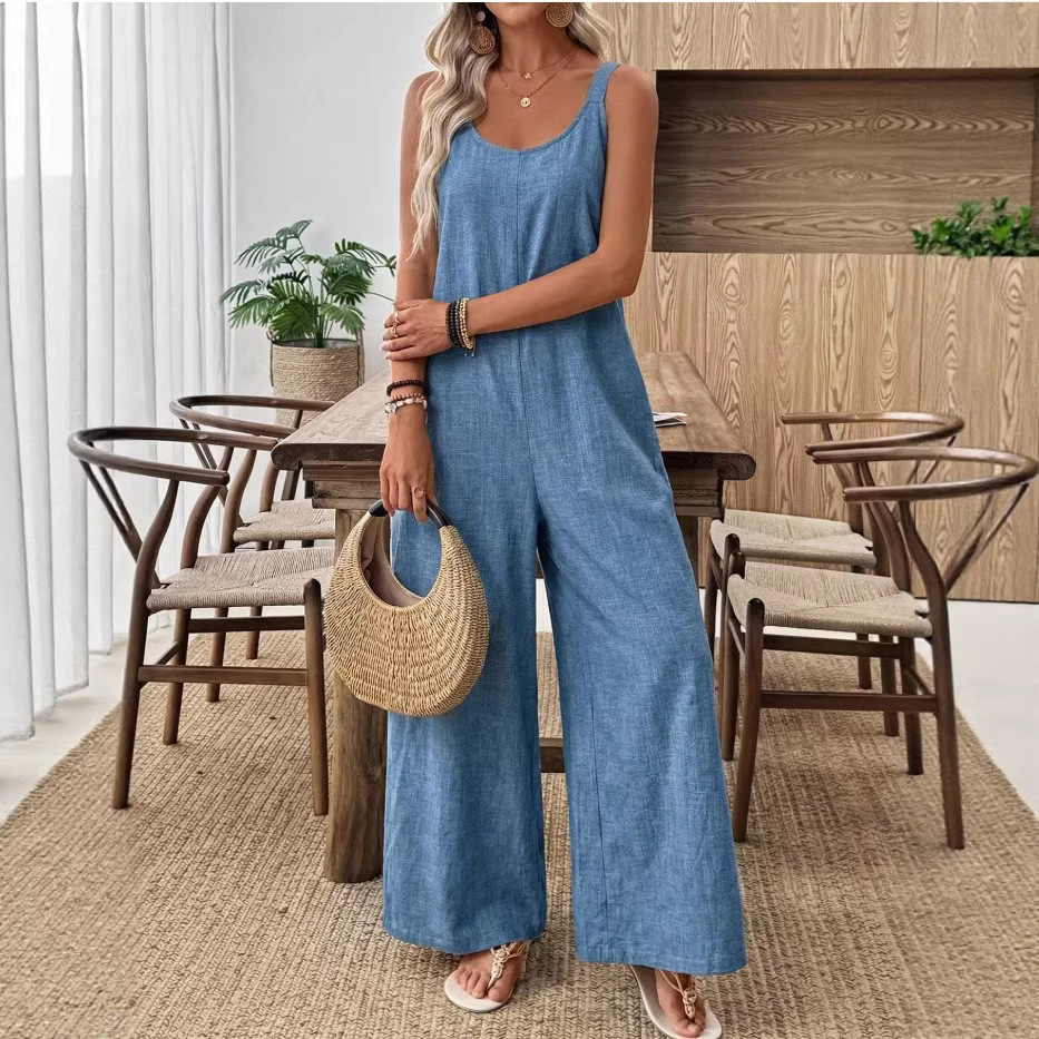 Women's Summer Sleeveless Solid Color Wide-Leg Jumpsuit