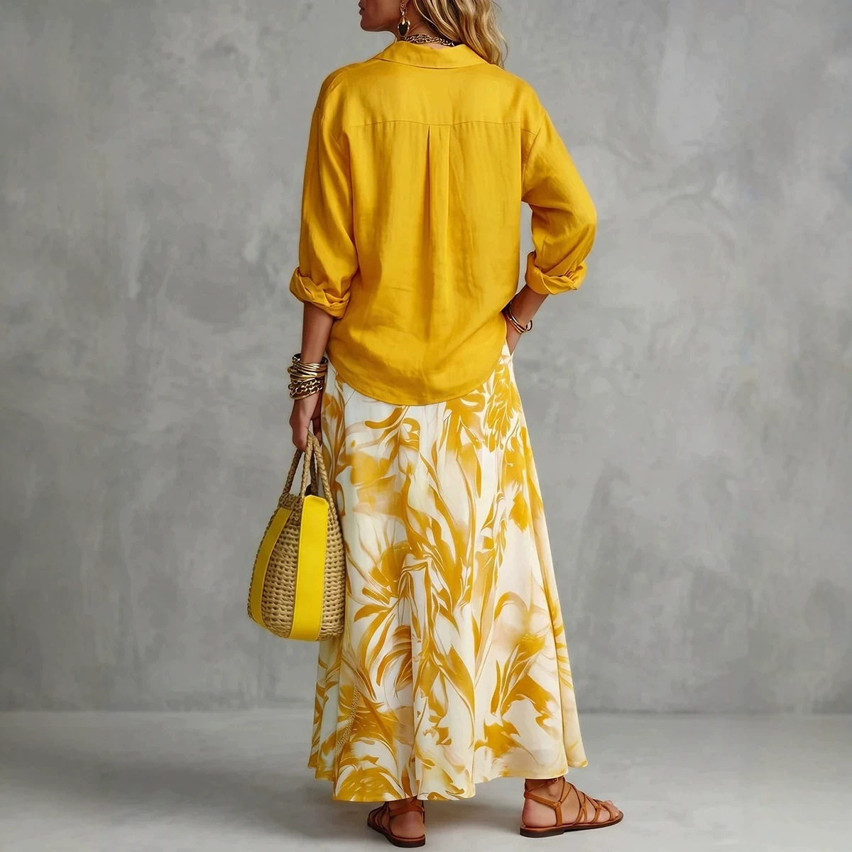 Women's Casual Two-Piece Skirt and Shirt Set with Digital Print