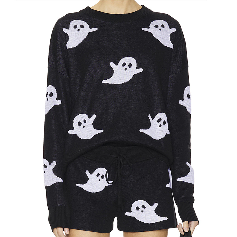 Dark Gothic Ghost Pattern Knit Sweater and Shorts Two-Piece Set