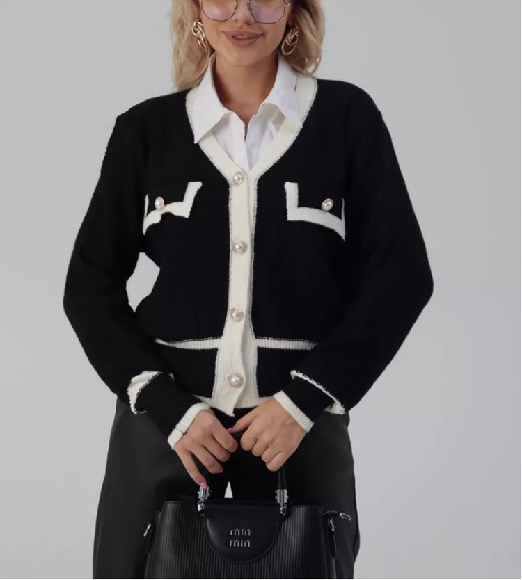 Women's Color-Block Knit Cardigan with Pearl Buttons Long Sleeve V-Neck
