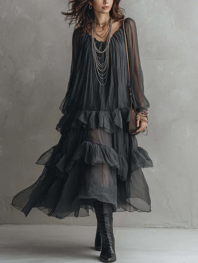 Sheer Chiffon Long Sleeve Tiered Ruffle Maxi Dress