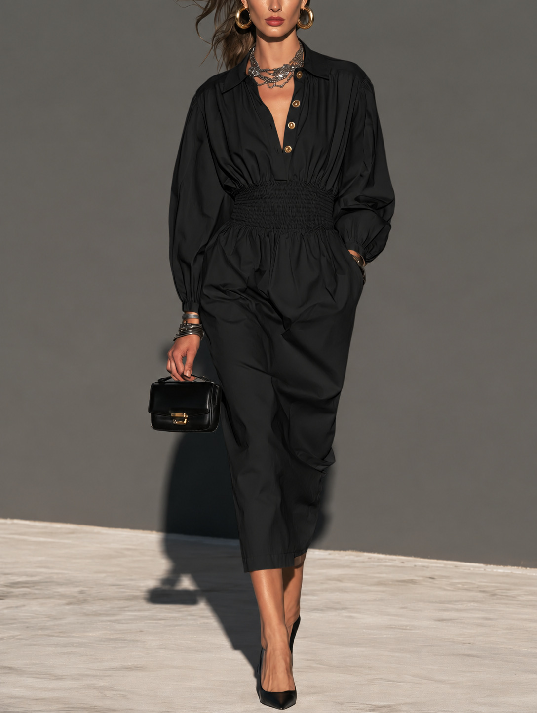 Collared Button Waist-Cinched A-Line Midi Dress