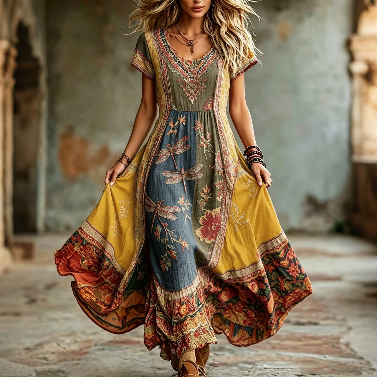 Women's Floral Print Ruched Midi Dress Short Sleeve Crew Neck