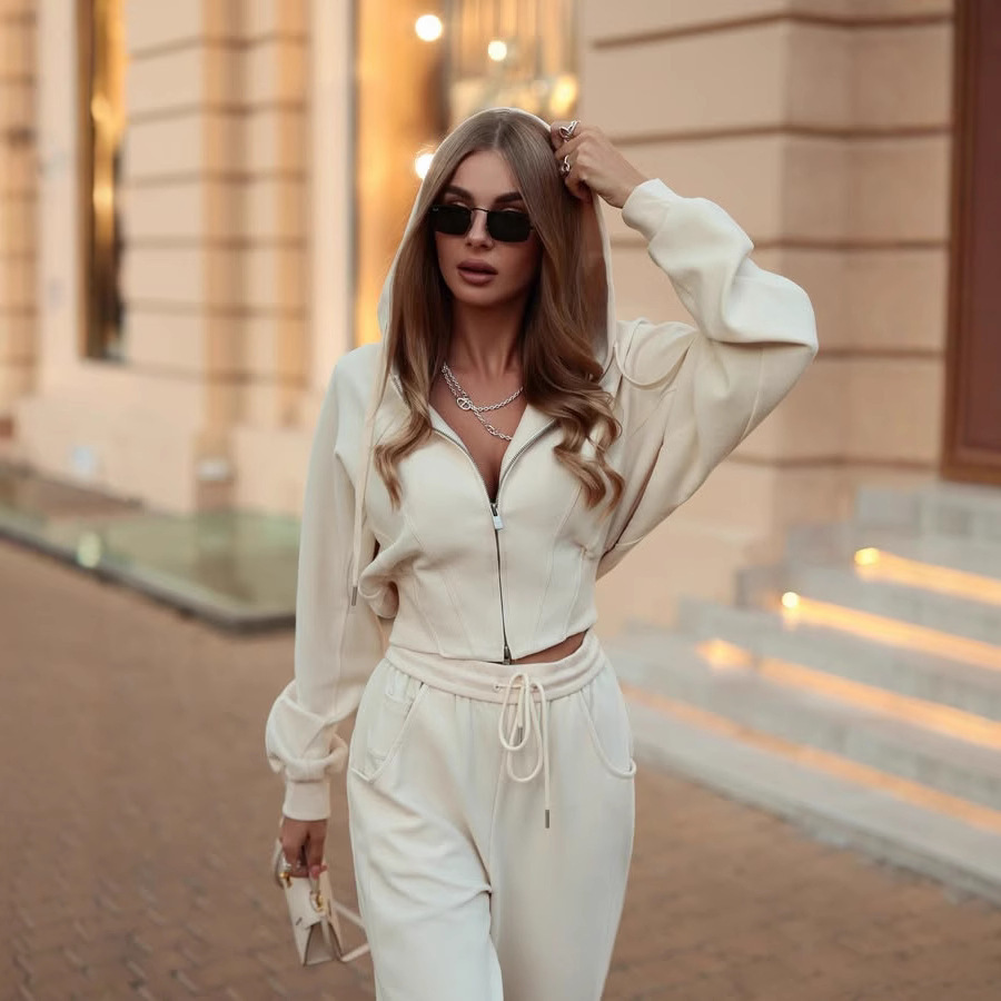 Solid Zip-Up Hooded Drawstring Waist Sweatshirt & Pants Two-Piece Set