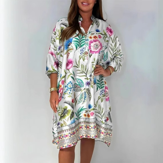 Women's V-Neck Floral Print Midi A-Line Dress with Puff Sleeves