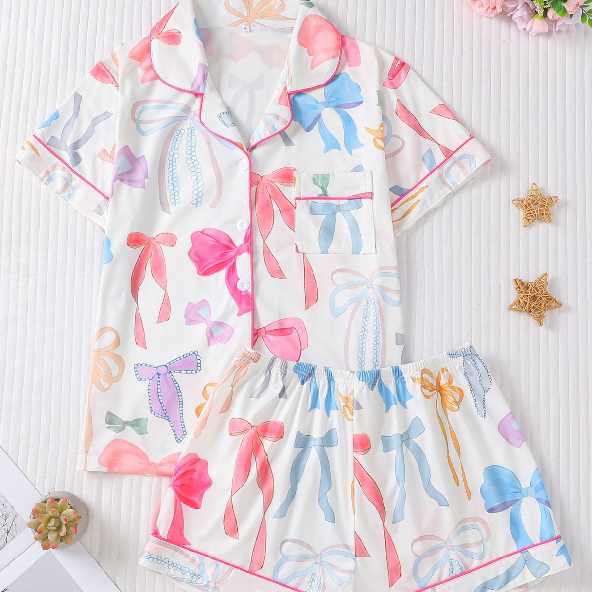 Cuban Collar Bow Print Short Sleeve Women's Set