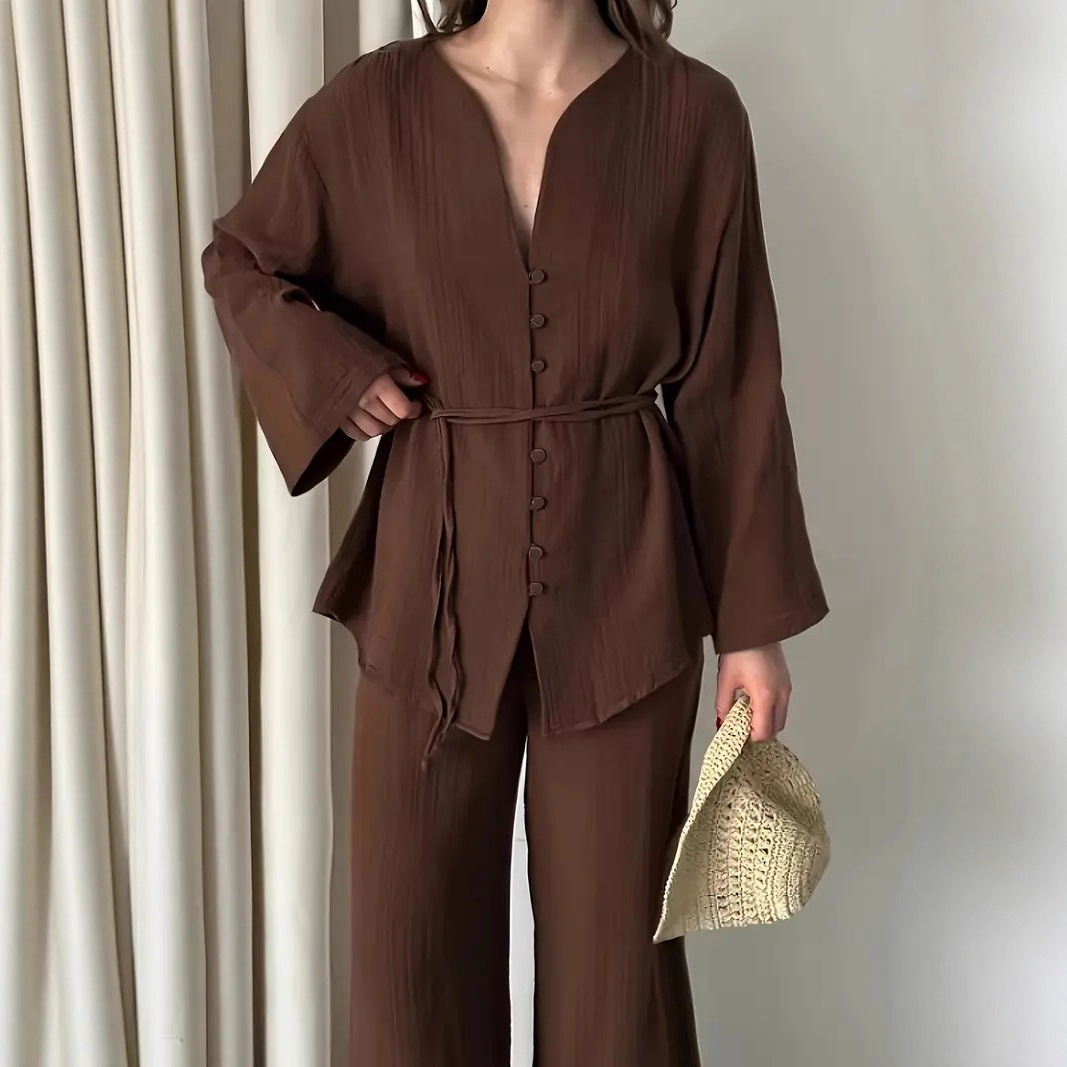Elegant V-Neck Long-Sleeve Blouse and Straight-Leg Pants Two-Piece Set