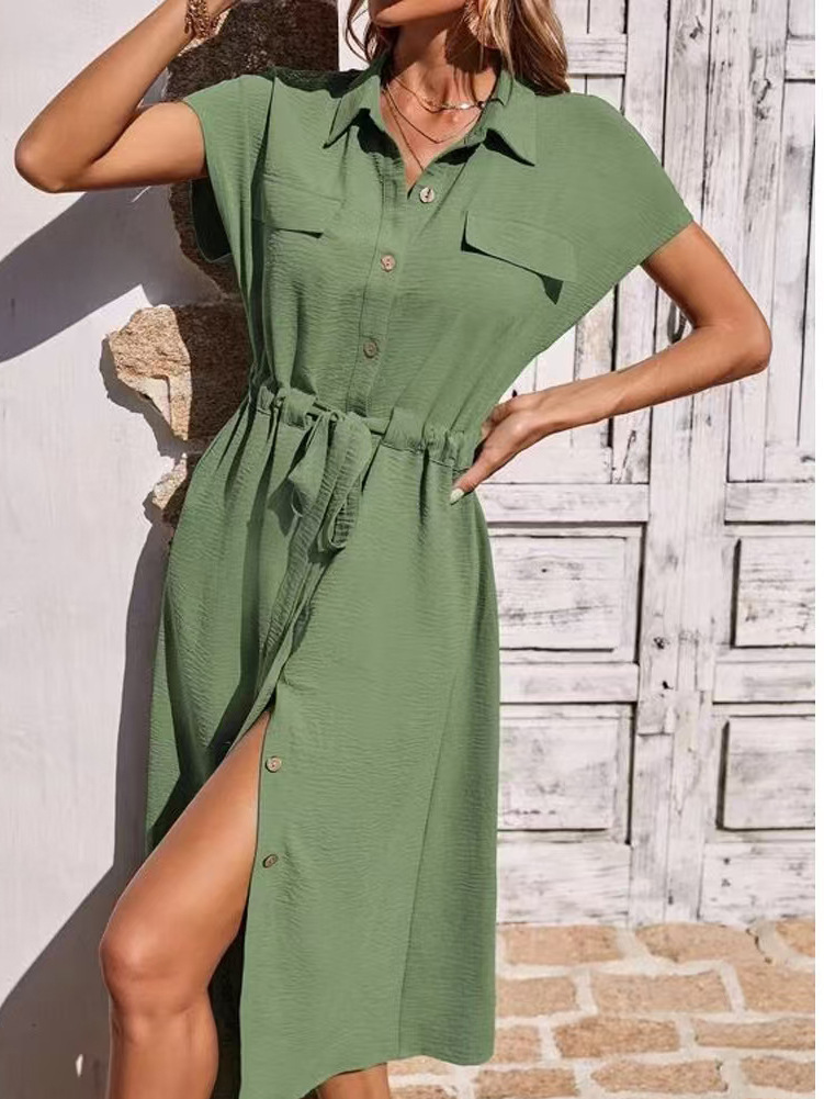 Women's Tie-Waist Polo Shirt Dress Short Sleeve A-Line Midi