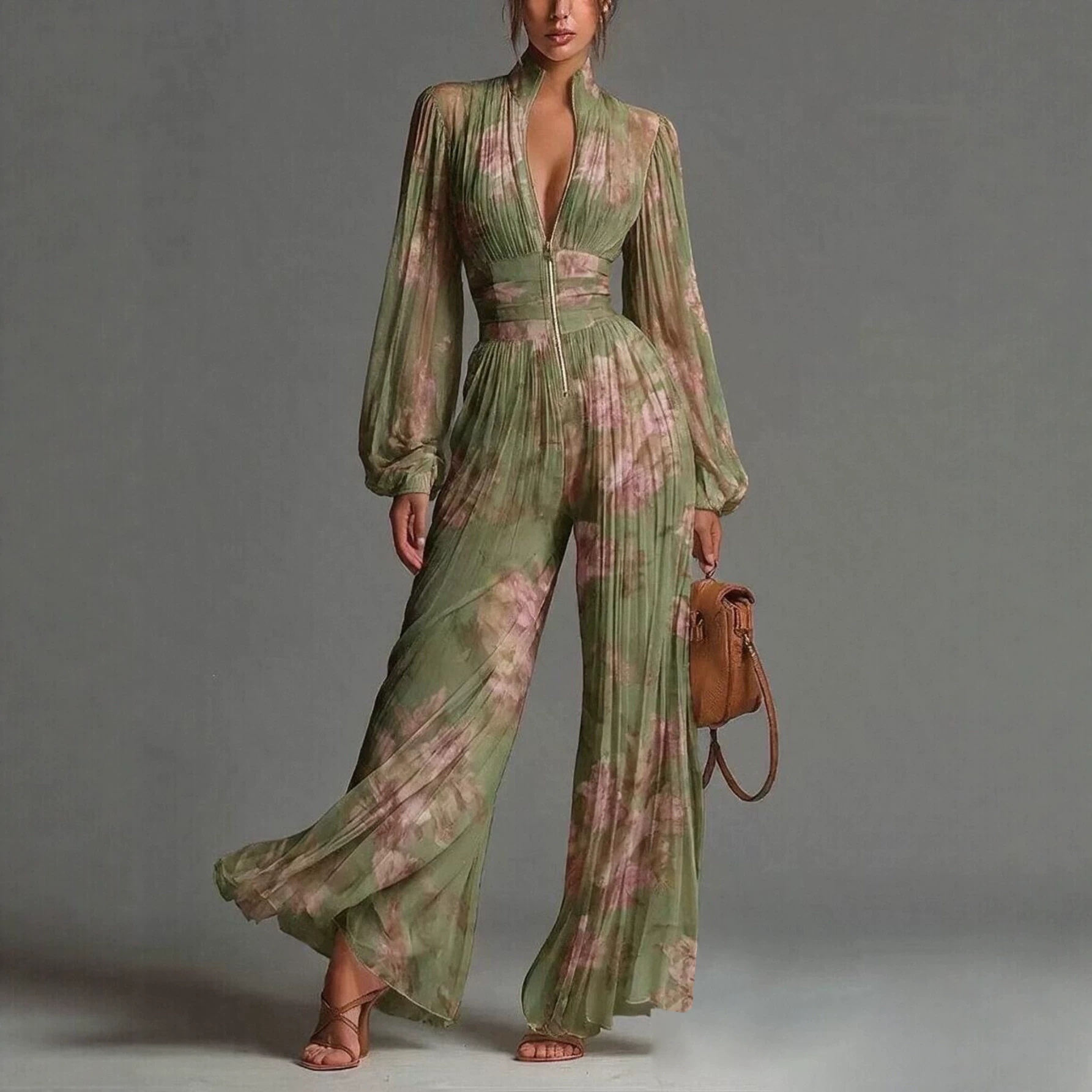 Pleated Halter Neck Long Sleeve Wide Leg Jumpsuit