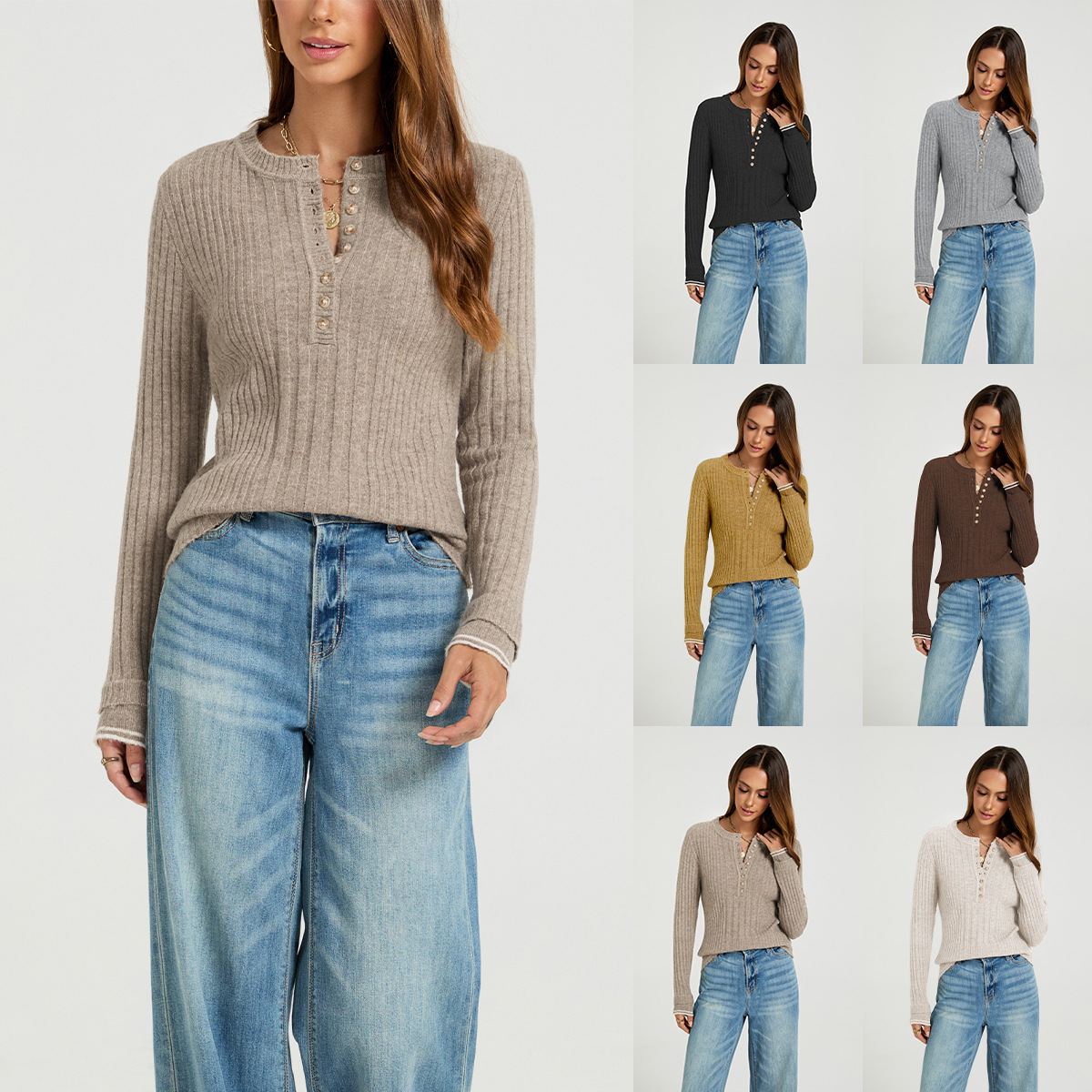 Women's Ribbed Knit Button-Front Crewneck Long-Sleeve Slim Sweater
