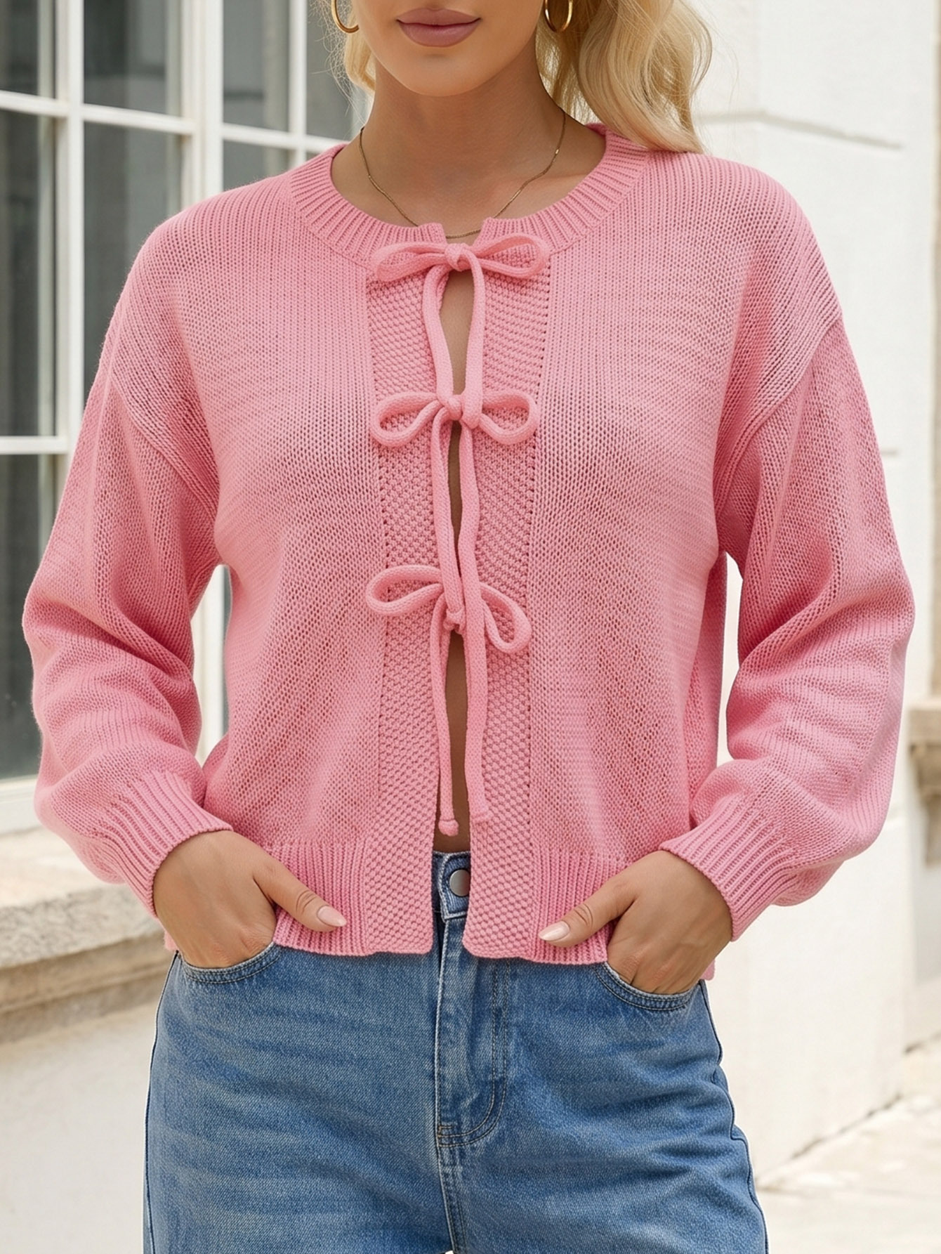 Crewneck Tie-Front Knit Cardigan Sweater
