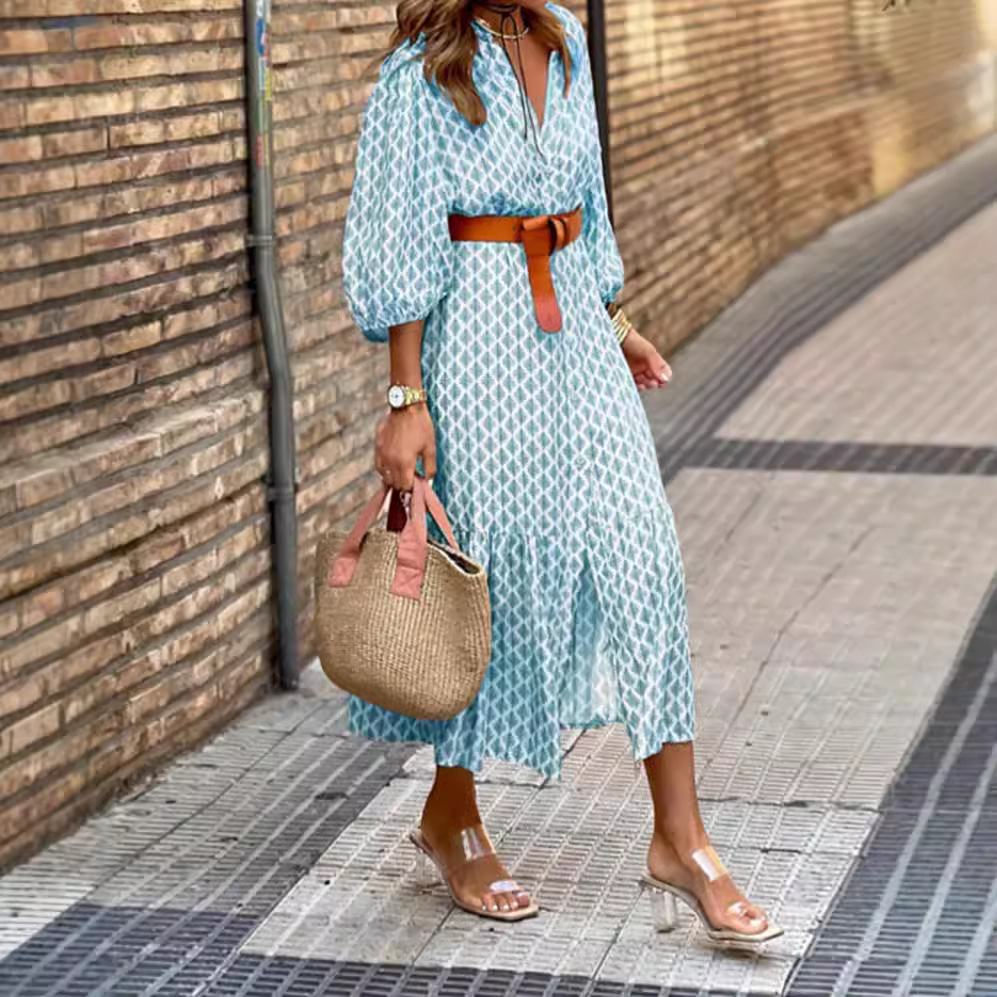 Floral Print V-Neck Lantern Sleeve Slit Dress