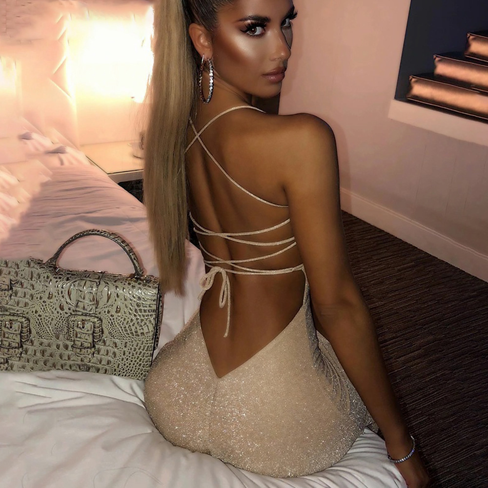 Sexy Square Neck Open Back Solid Bodycon Dress with Metallic Thread Slit