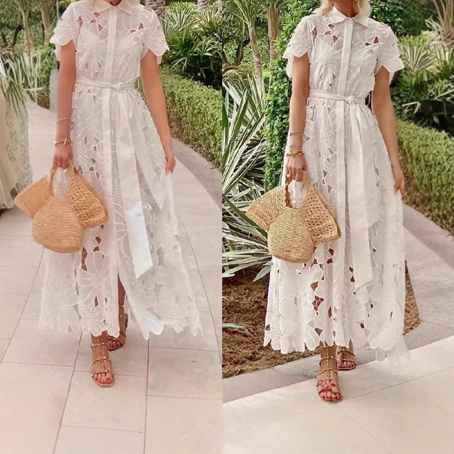 Women's Lace Cardigan Dress Solid Color Single-Breasted Shirt Dress