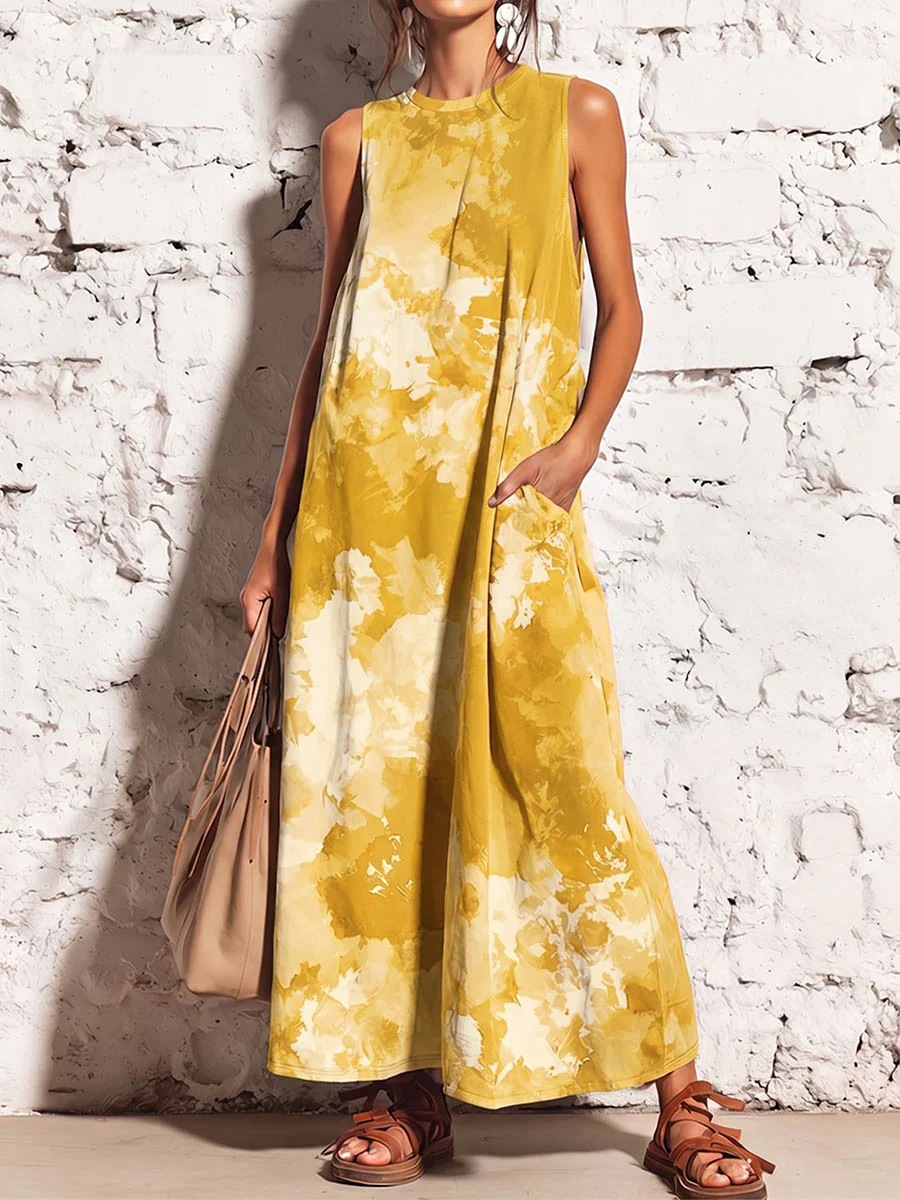 Women's Summer Round Neck Dress Solid Color Pocket Casual Straight Midi