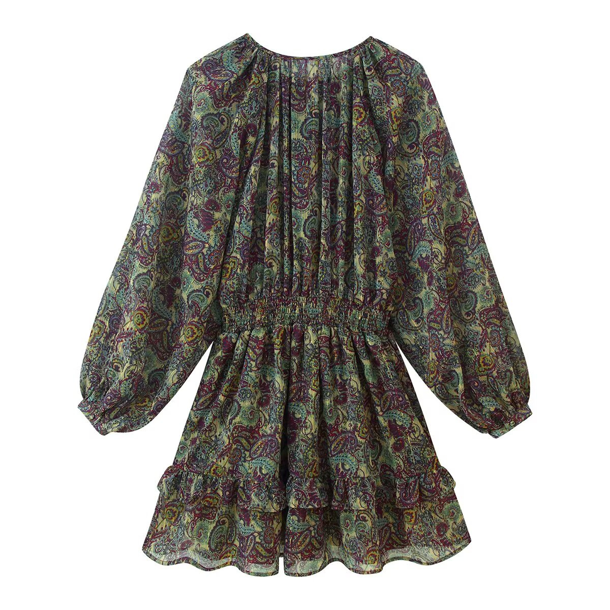 Metallic Floral Print Mini Dress with Long Sleeves and High Waist