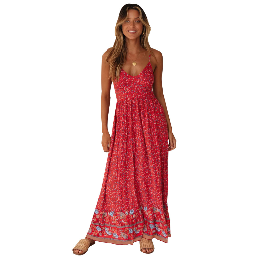 Bohemian V-Neck Floral Maxi Dress with Spaghetti Straps