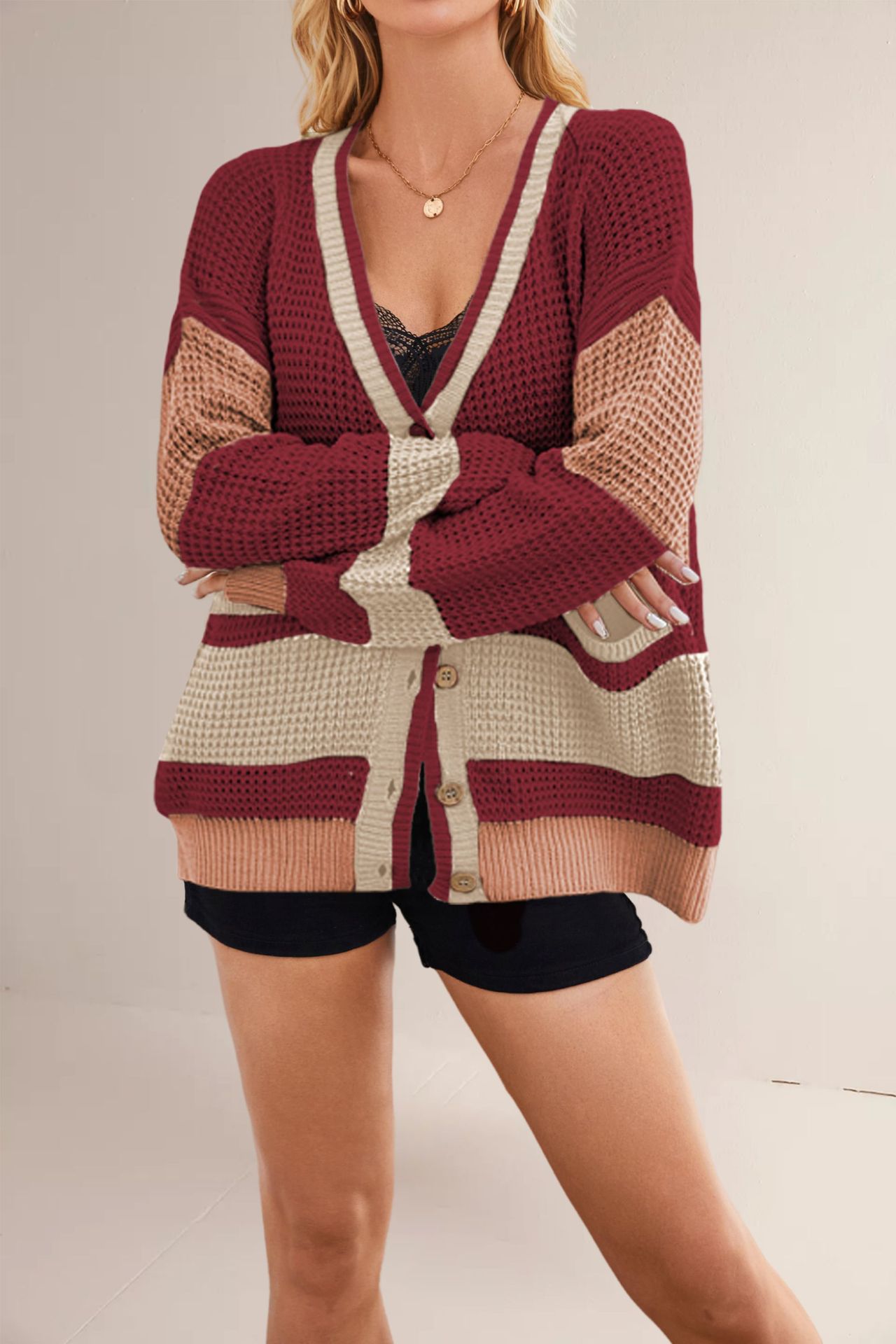 Women's V-Neck Colorblock Knit Cardigan with Pockets Plus Size