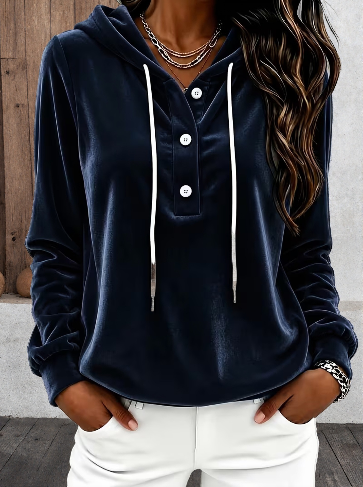 Women's Solid Color Button Hooded Drawstring Long Sleeve Sweatshirt