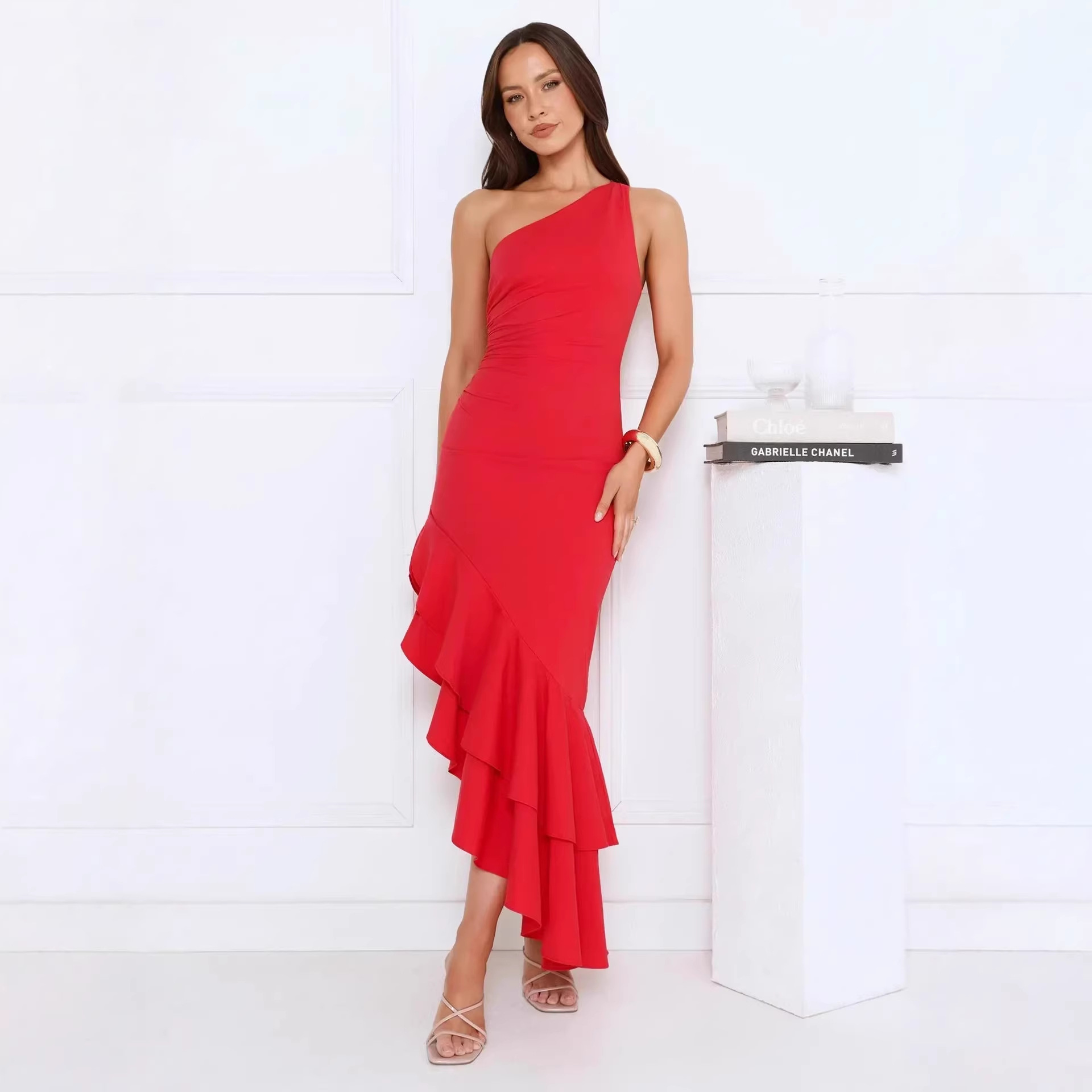 Women's Elegant Asymmetric One-Shoulder Midi Dress with Flowy Hem