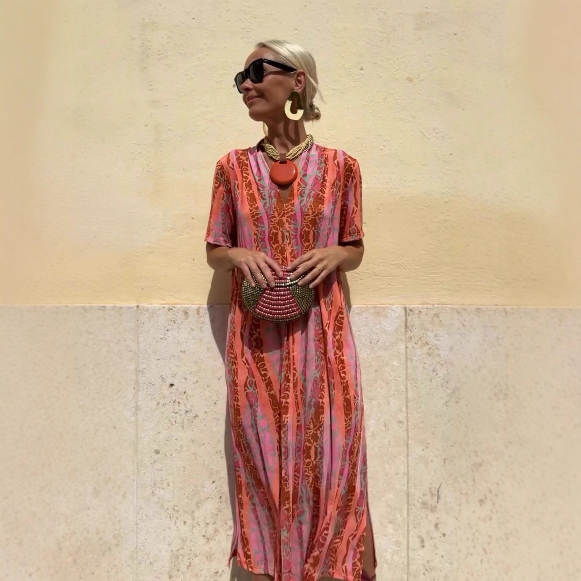 Women's Summer Floral V-Neck Midi Dress Short Sleeve Loose Waist