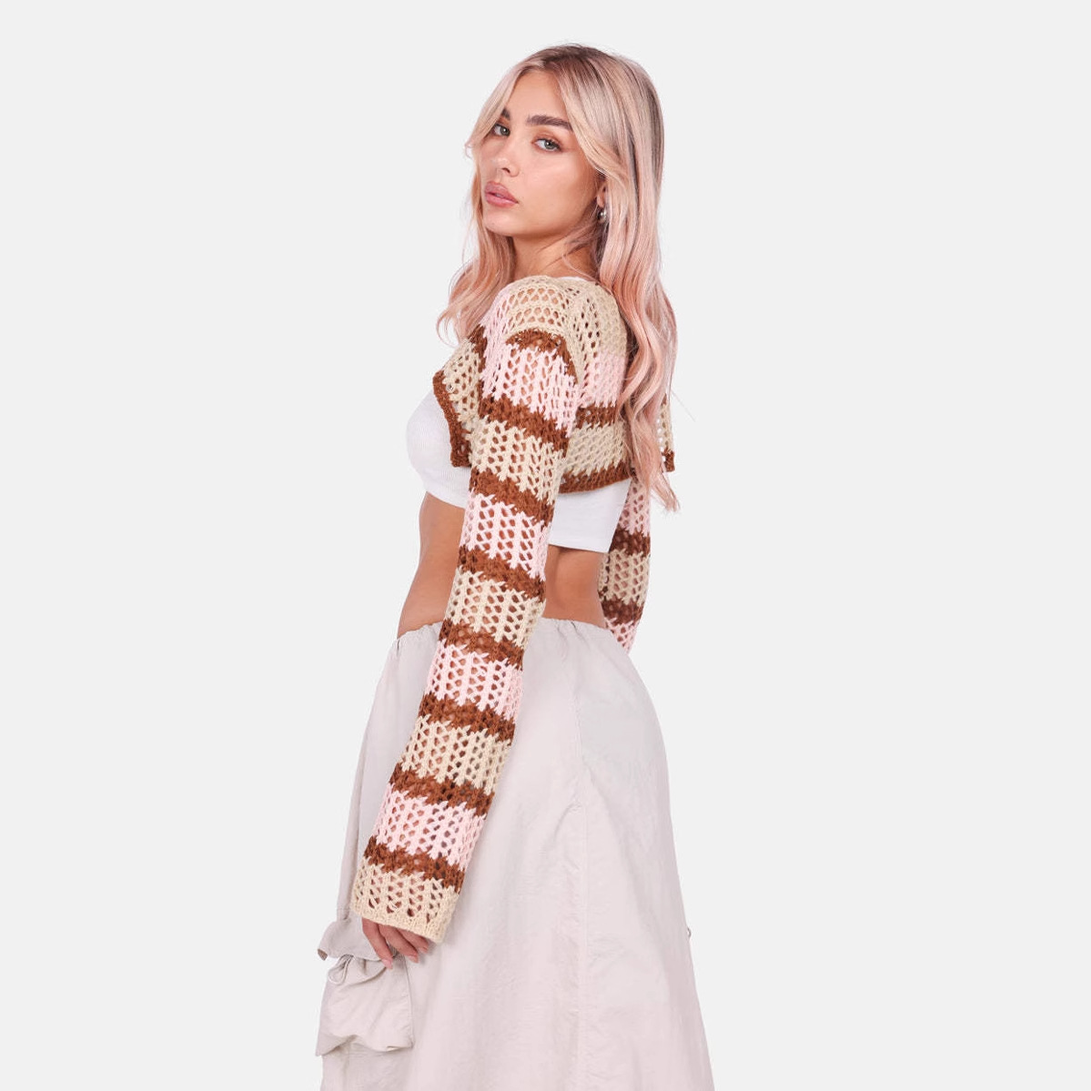 Striped Colorblock Cropped Knit Top Long Sleeve Crew Neck