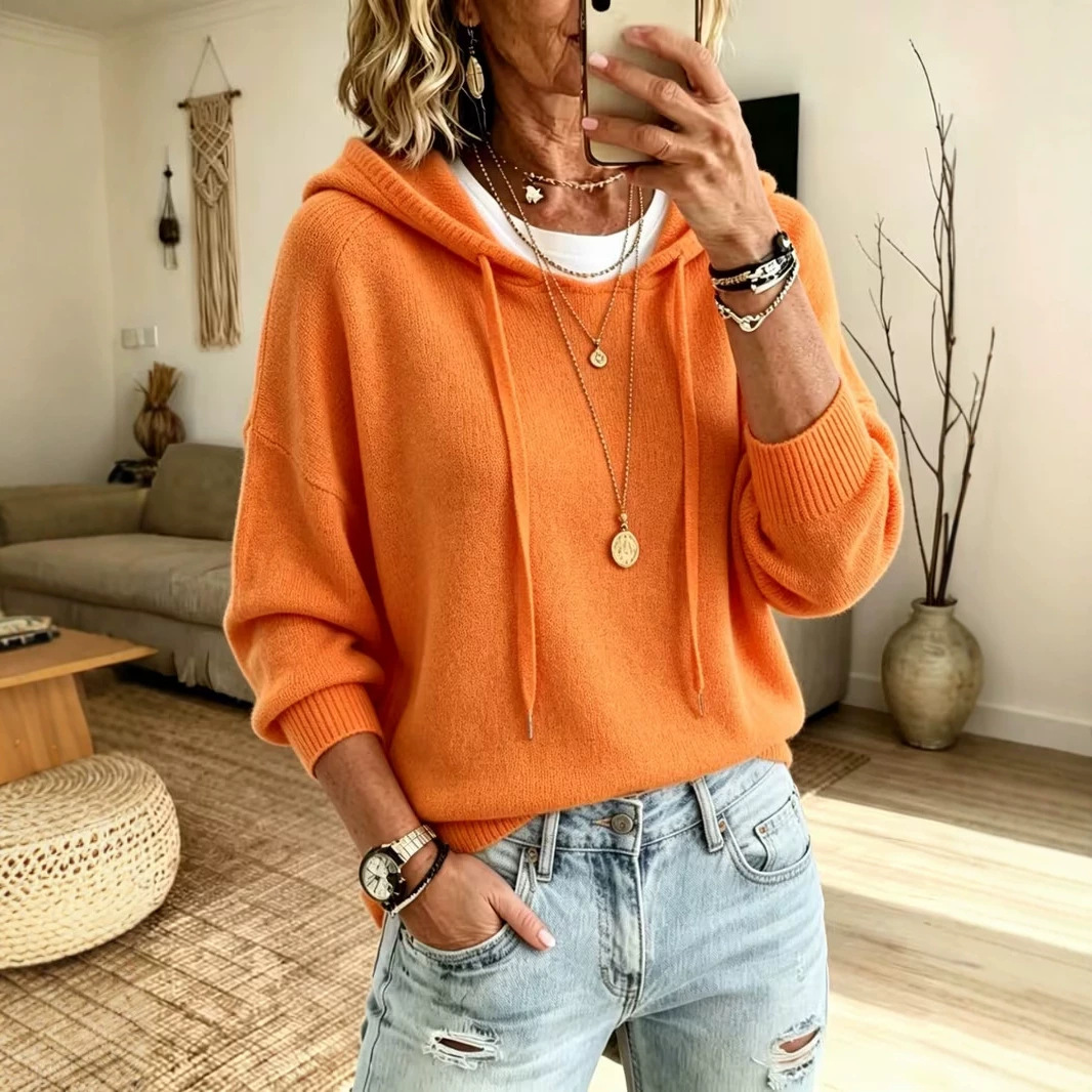 Women's Knit Hooded Drawstring Sweater Loose Pullover