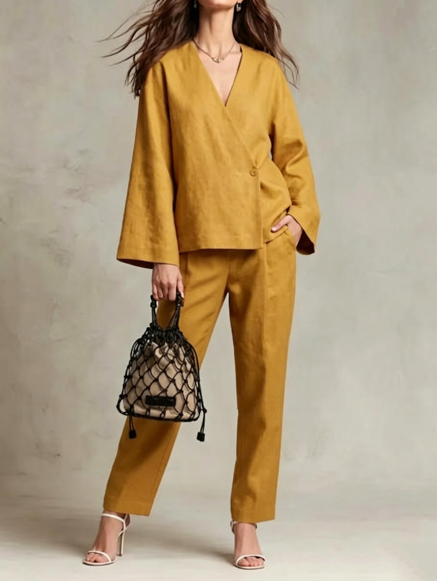 Women's Linen-Blend Button-Front Cardigan and Wide-Leg Pants Set