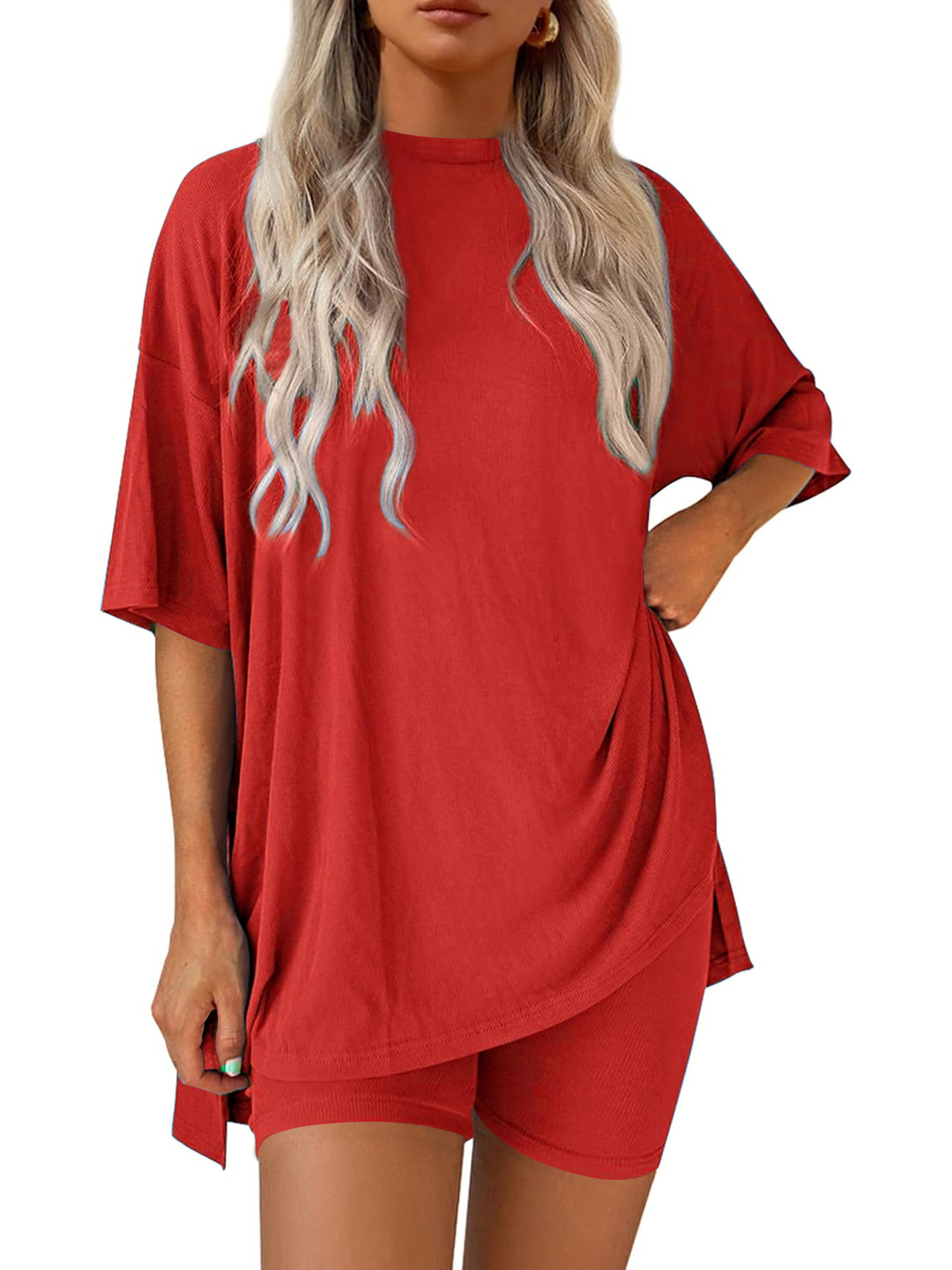 Relaxed Solid Color Short Sleeve Tee and Shorts Two-Piece Set