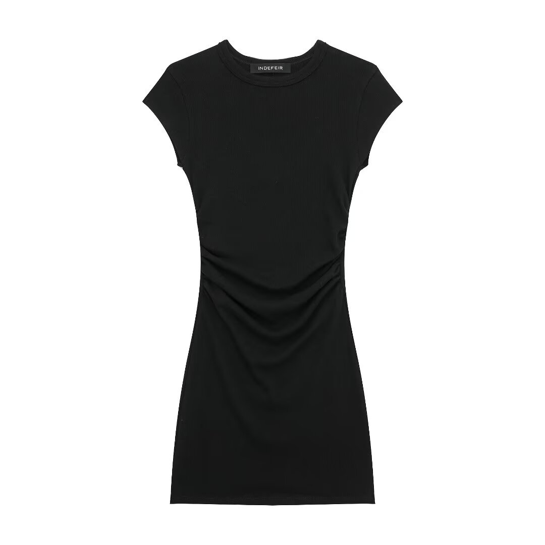 Women's Ruched Ribbed Bodycon Dress with 3D Detail