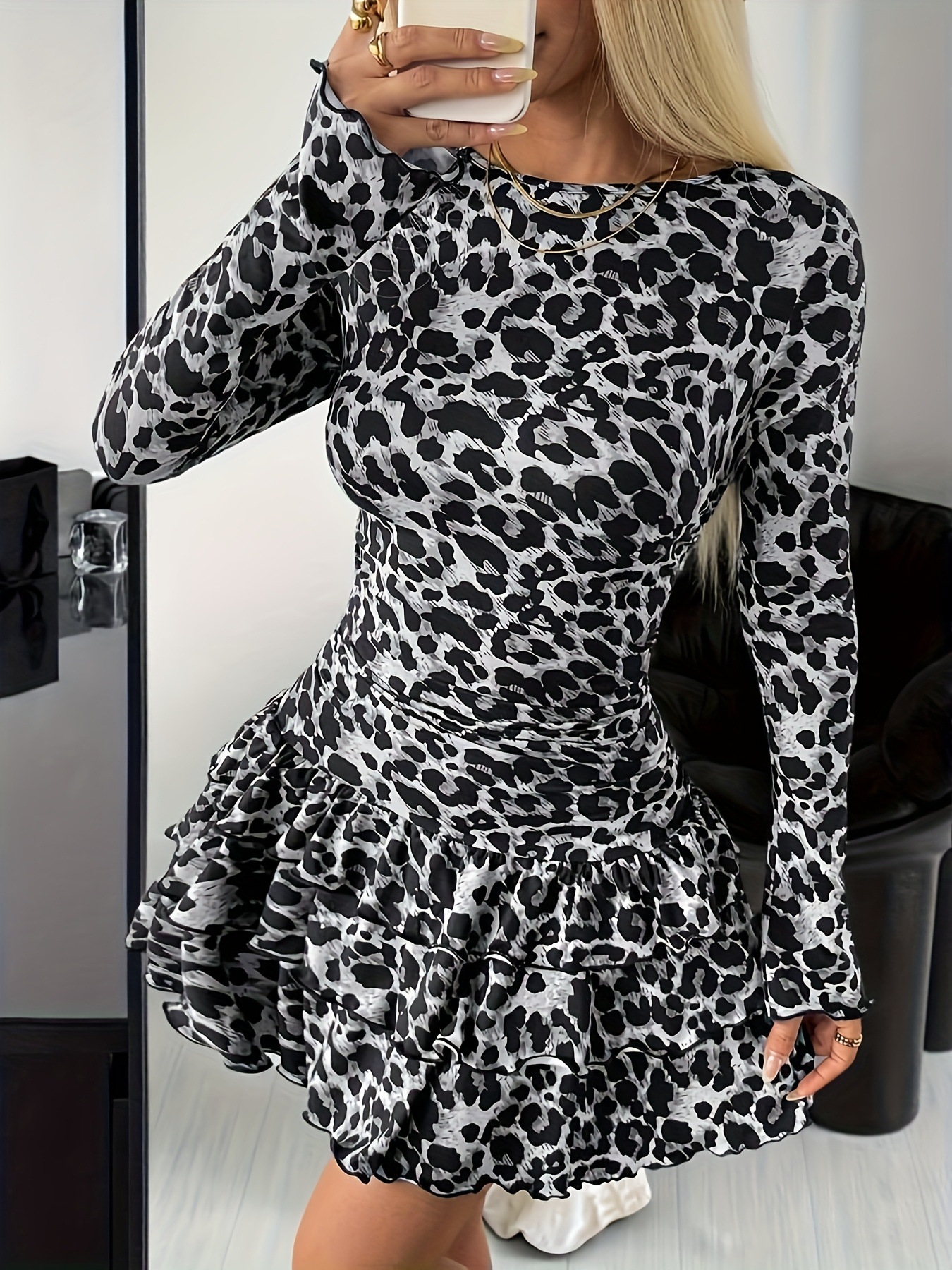 Polka Dot Long Sleeve Round Neck Ruffle Hem Mini Dress