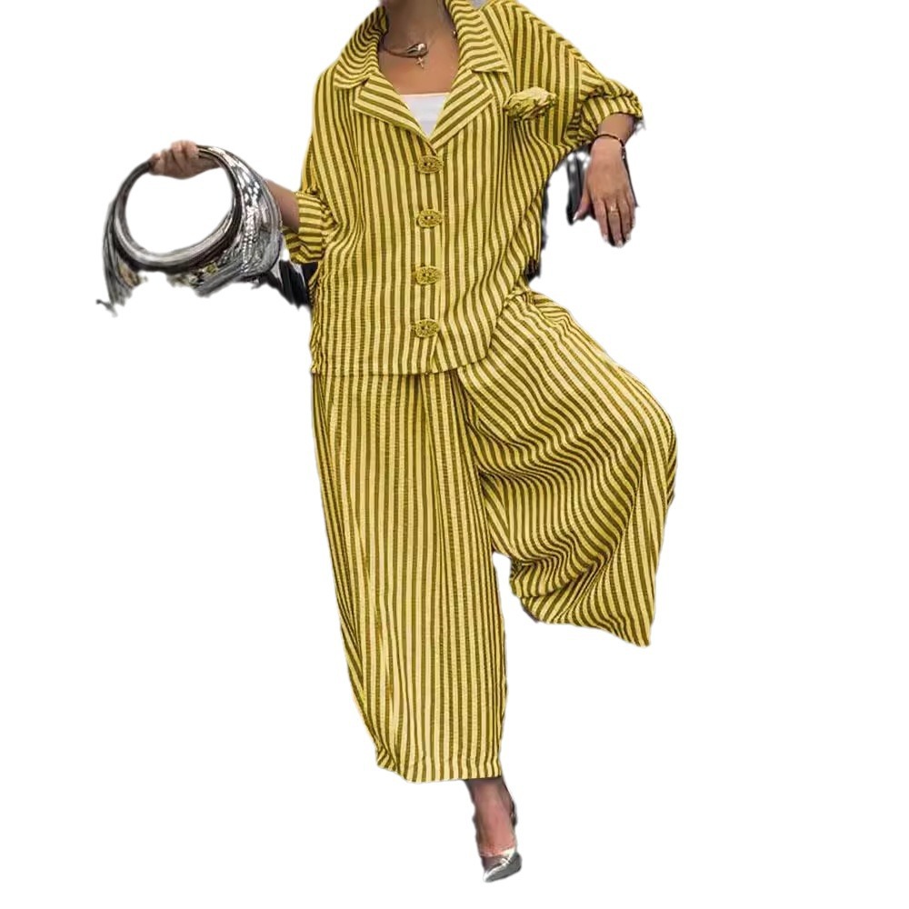Floral Striped Loose Blazer & Pants Set