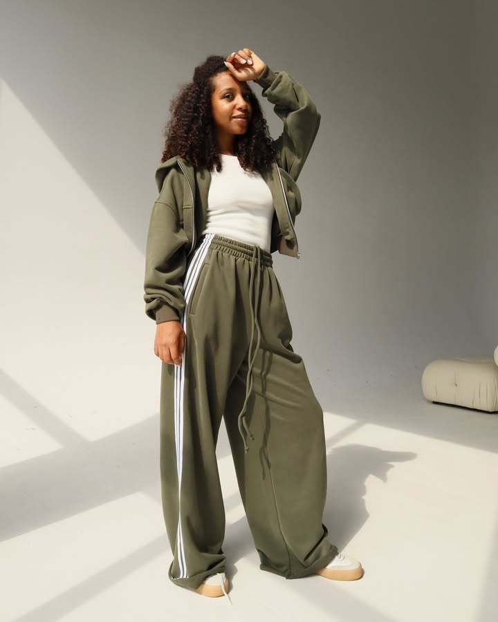 Women's Hooded Drawstring Colorblock Striped Wide-Leg Two-Piece Pants Set