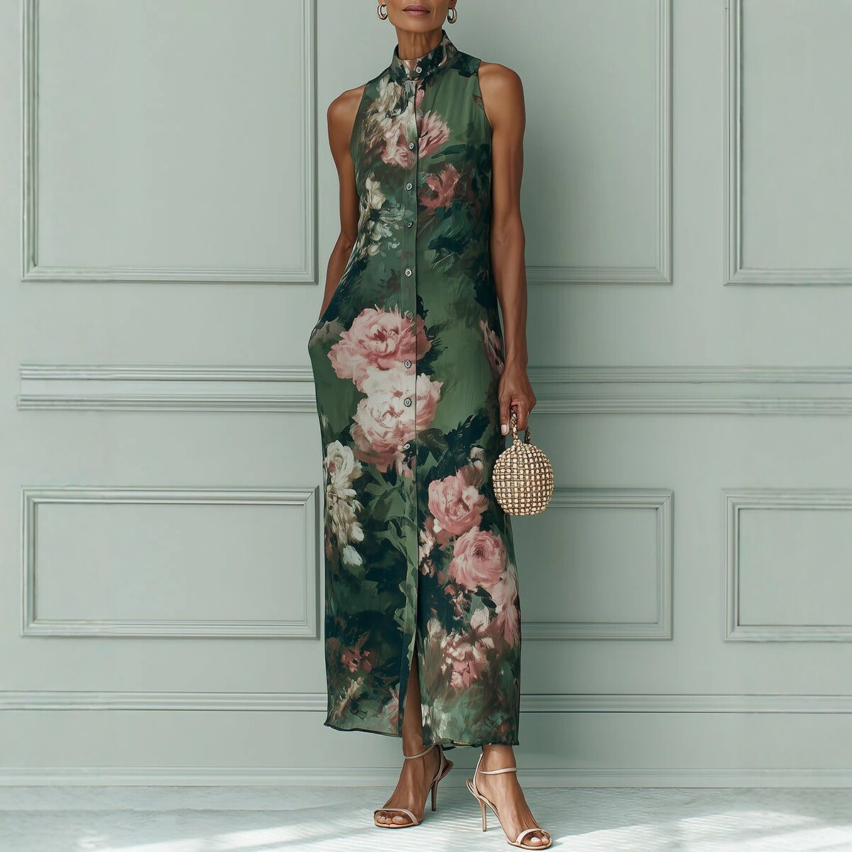 Vintage Dark Green Oil Painting Floral Halter Sleeveless Dress Button Slit Long