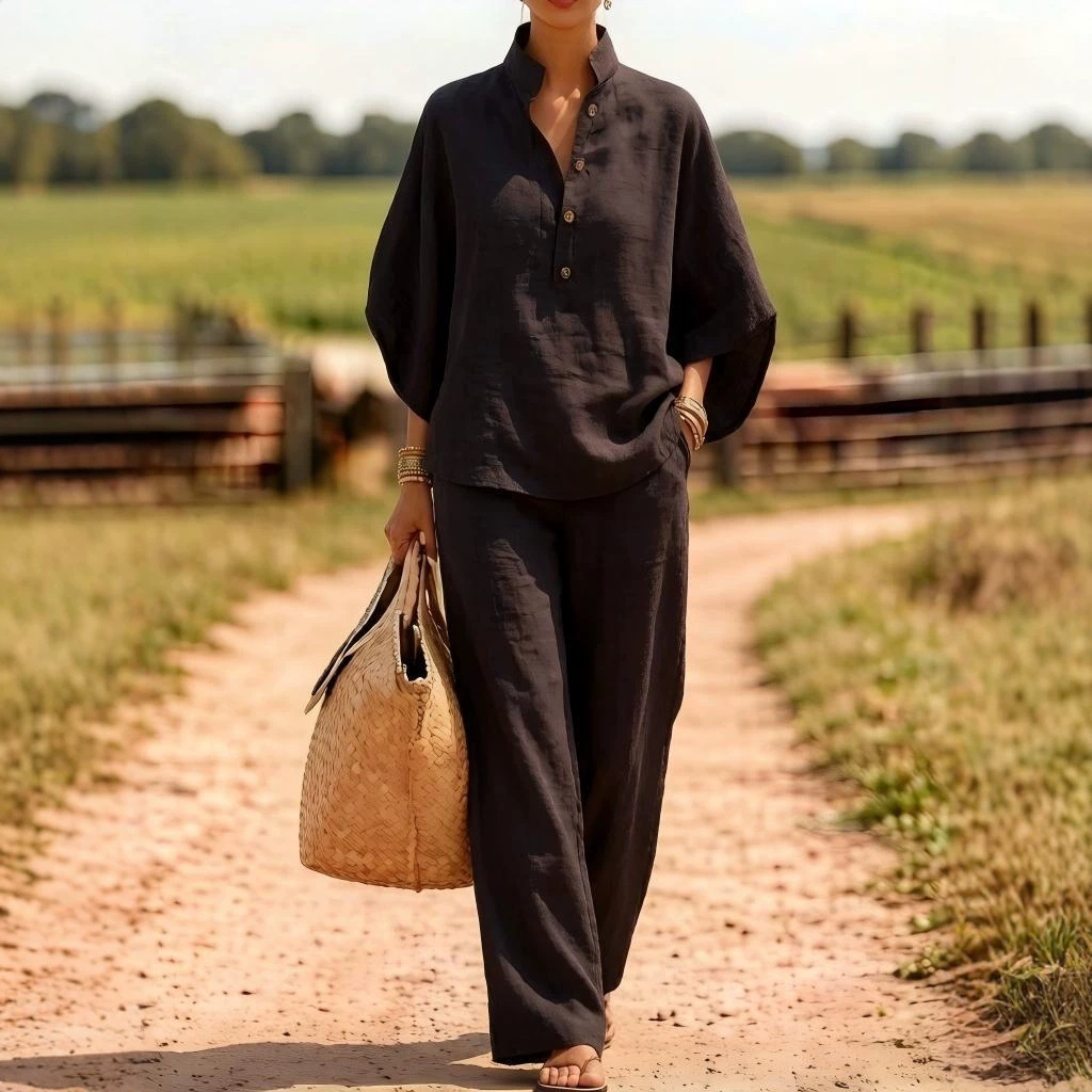 Women's Casual Button Shirt and Wide-Leg Pants Two-Piece Set