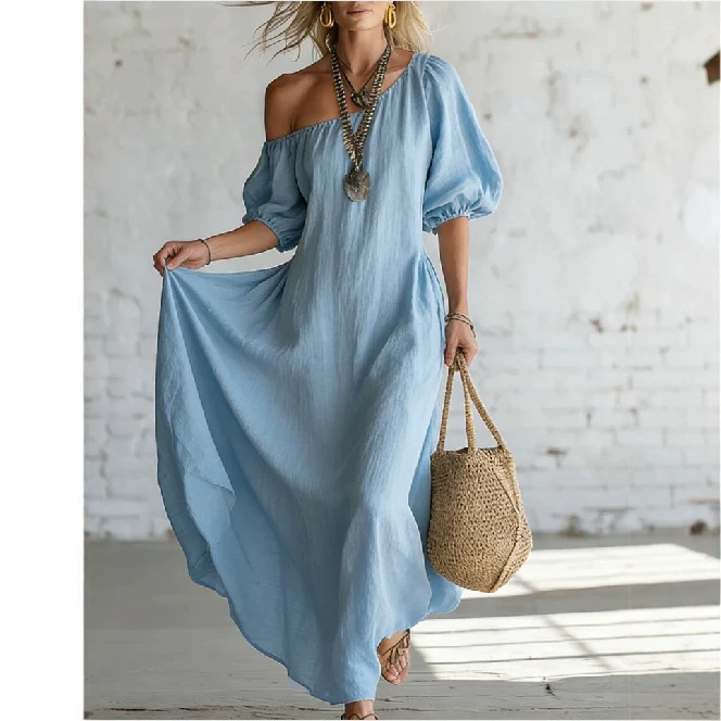 Off-Shoulder Cloud Cotton Puff Sleeve Loose Flowy Maxi Dress