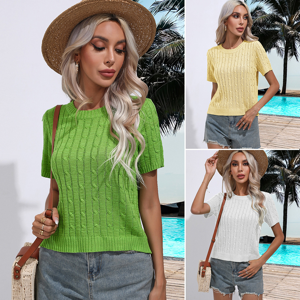 Cable Knit Short Sleeve Pullover Sweater Crew Neck Solid Color