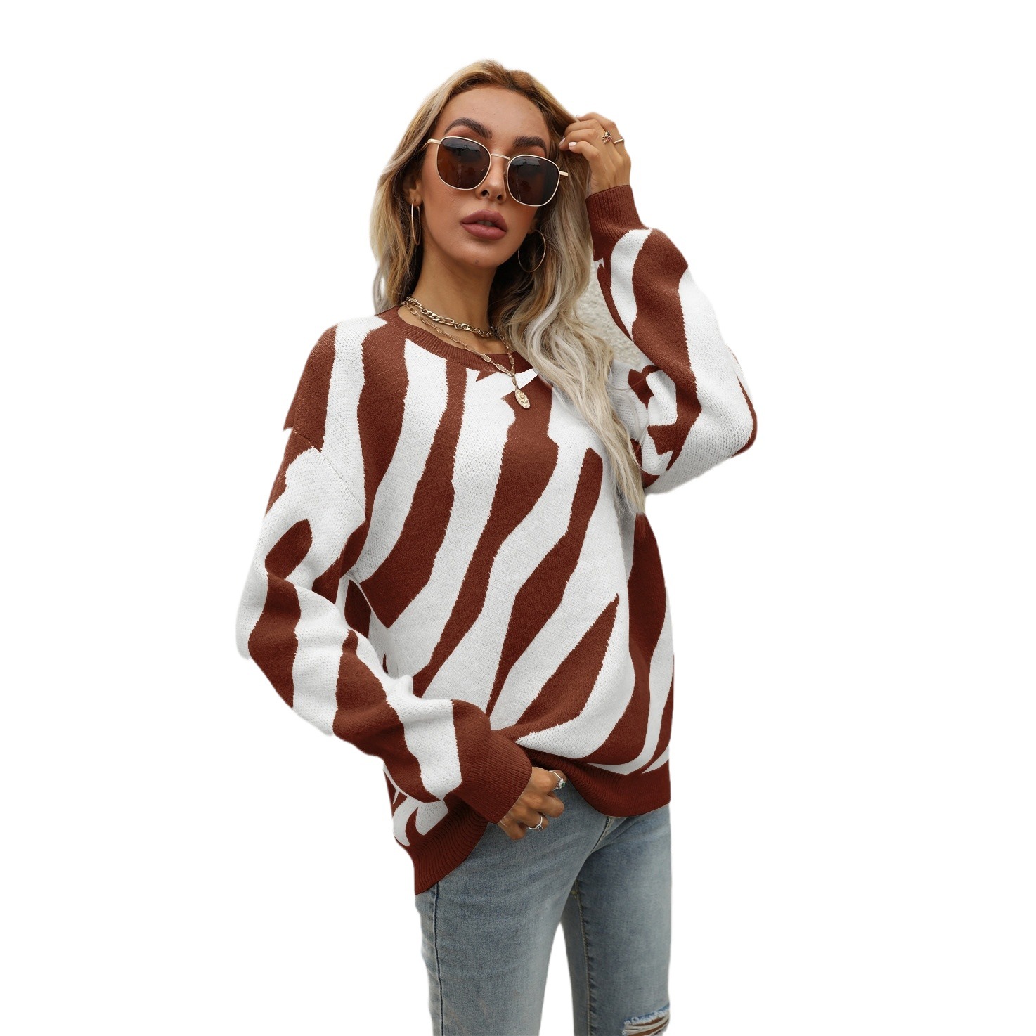Striped Knit Pullover Sweater with Round Neck, Plus Size