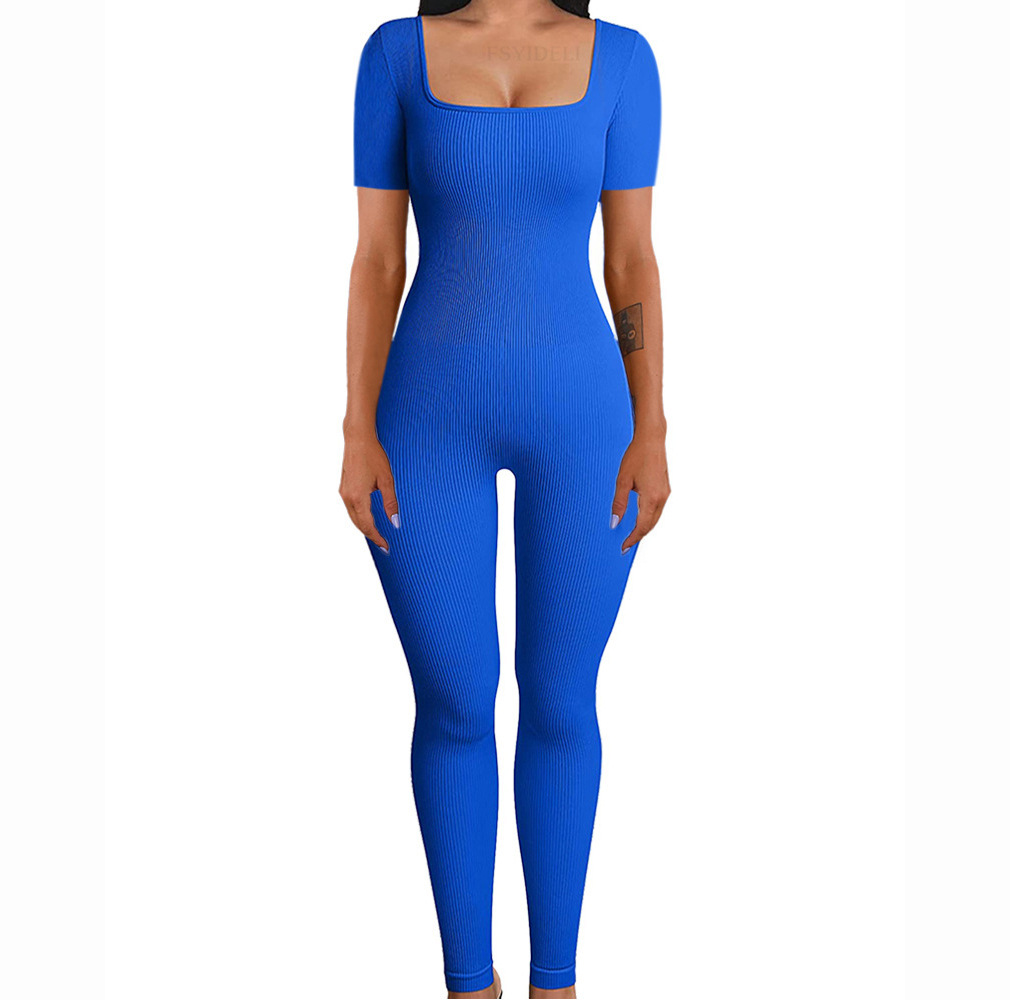 Ribbed Square Neck Butt-Lifting Slim Fit Yoga Jumpsuit for Women